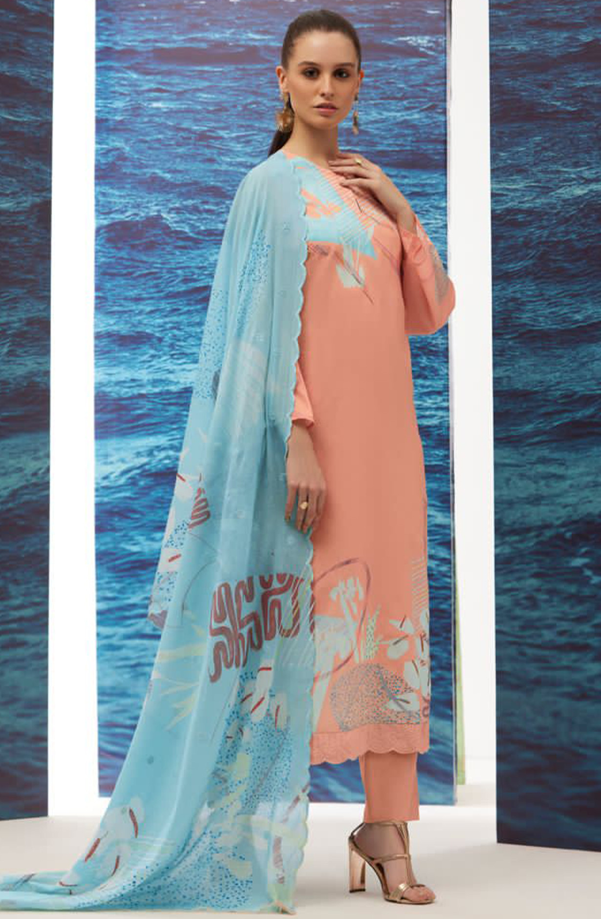 Orange Cotton lawn Digital Printed Suit Set - RHE207