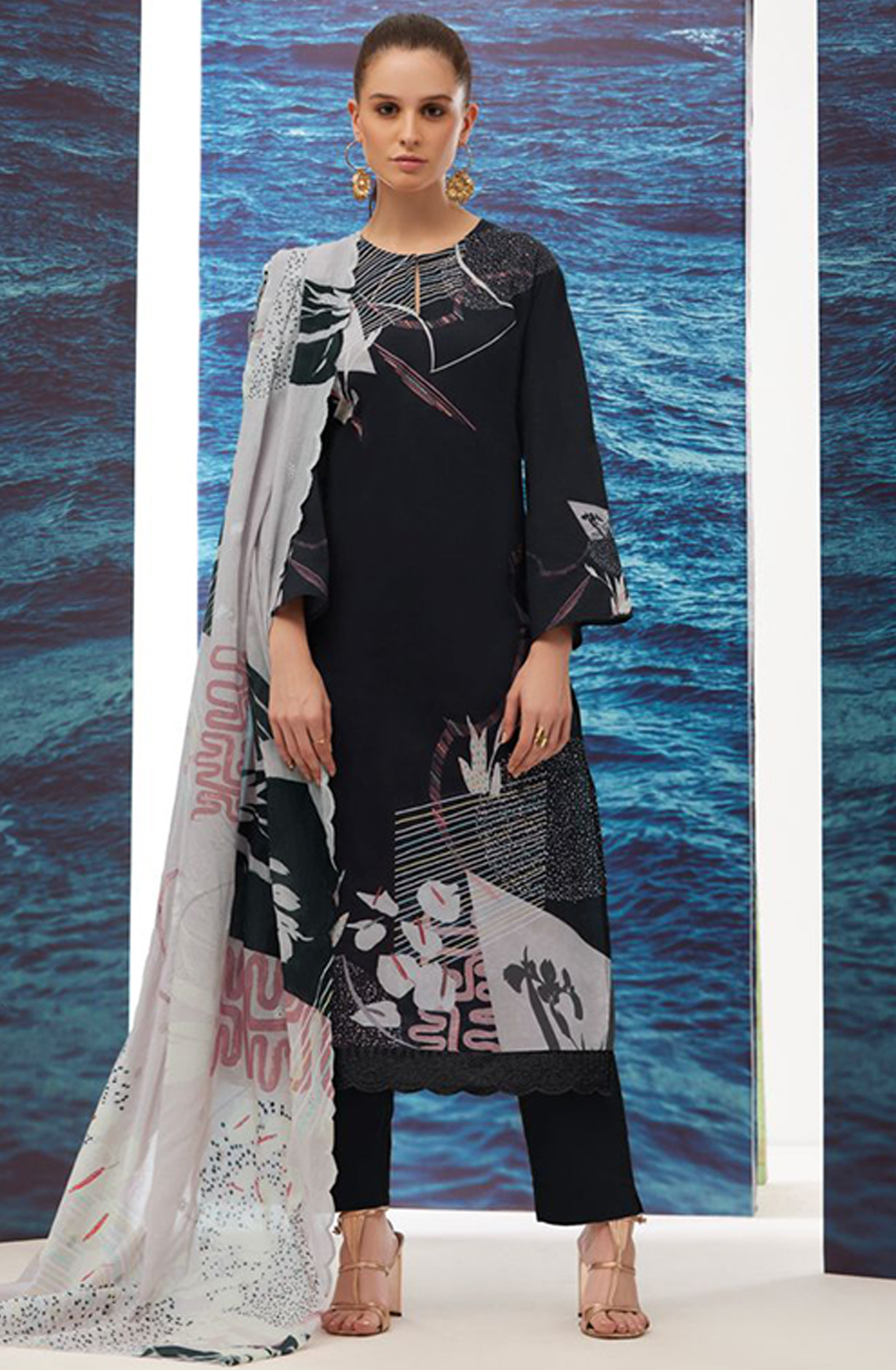 Black Cotton lawn Digital Printed Suit Set - RHE216