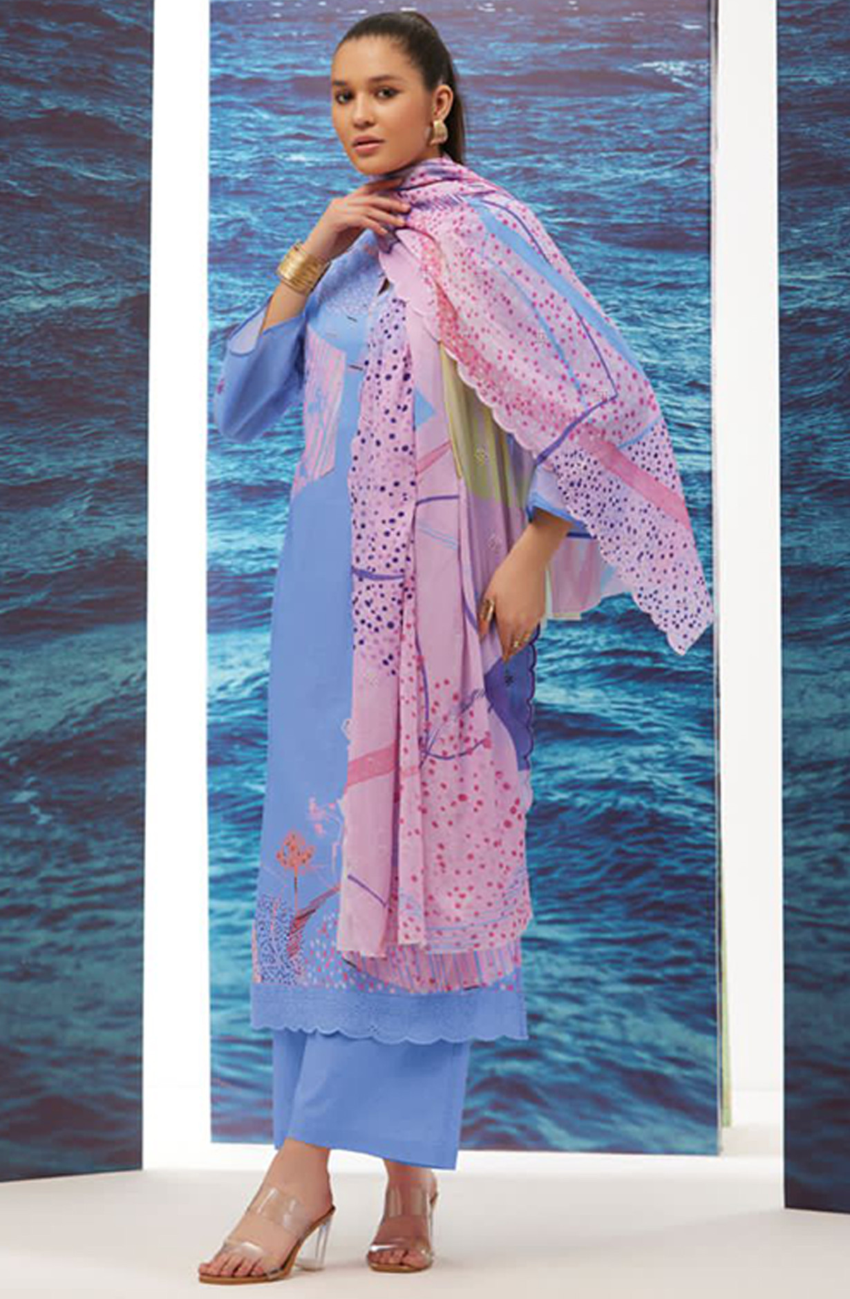 Blue Cotton lawn Digital Printed Suit Set - RHE240