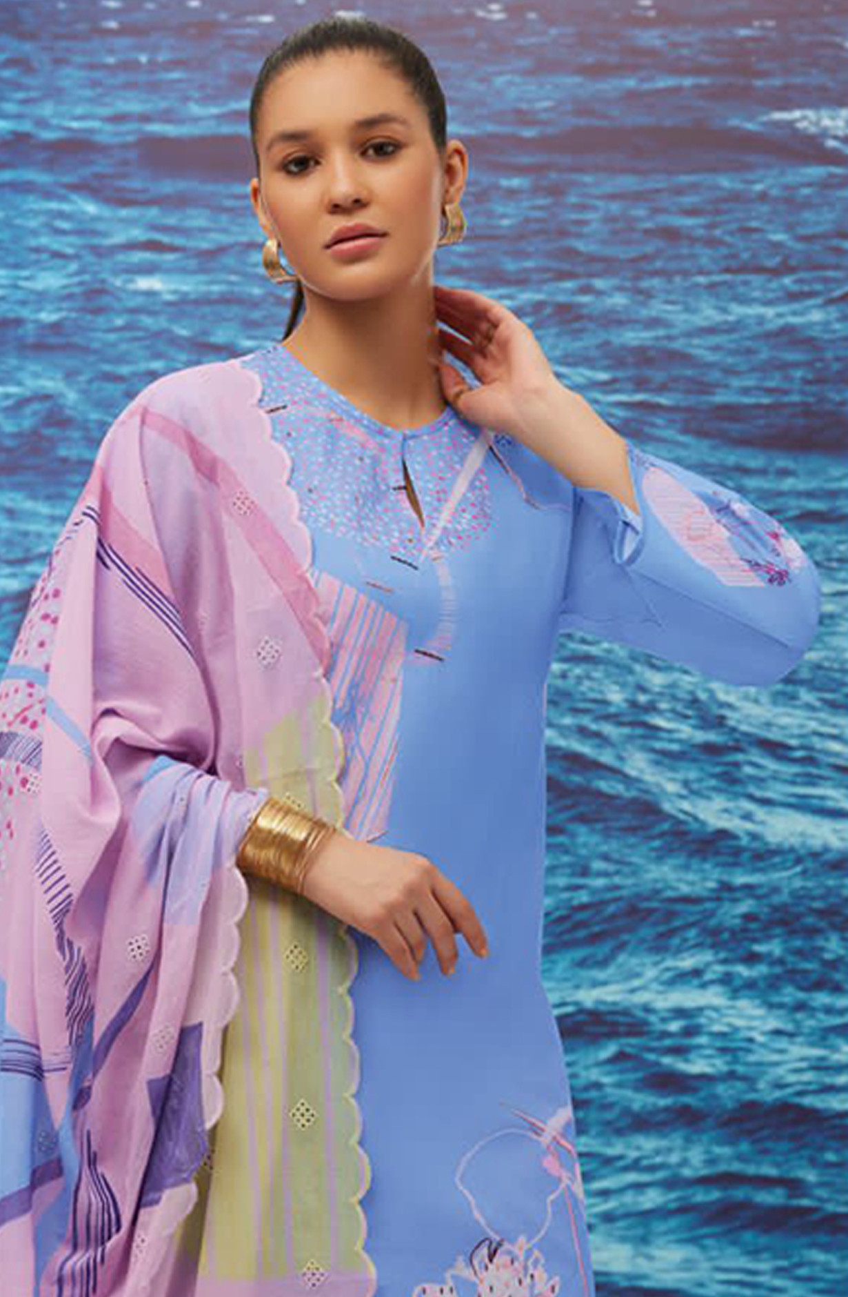 Blue Cotton lawn Digital Printed Suit Set - RHE240