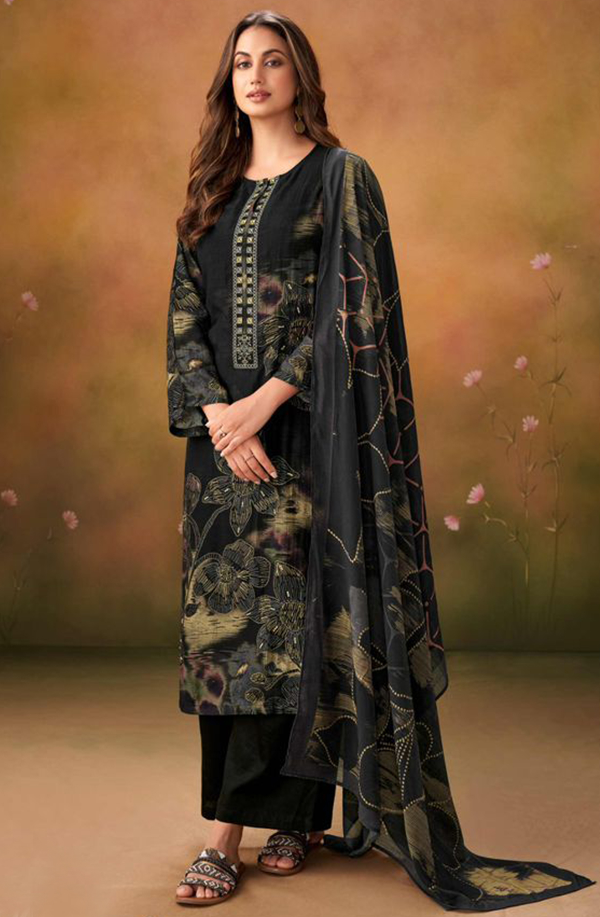Black Muslin Digital Printed Suit Set with Dupatta - RIC535