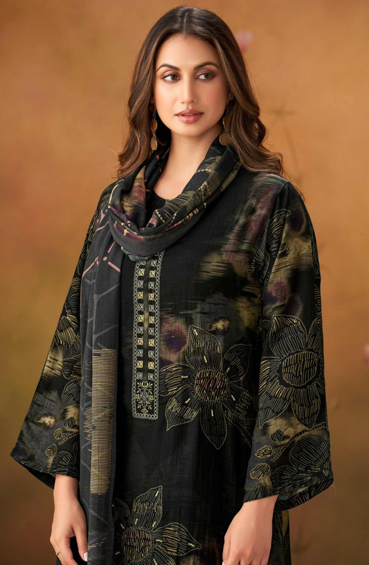 Black Muslin Digital Printed Suit Set with Dupatta - RIC535