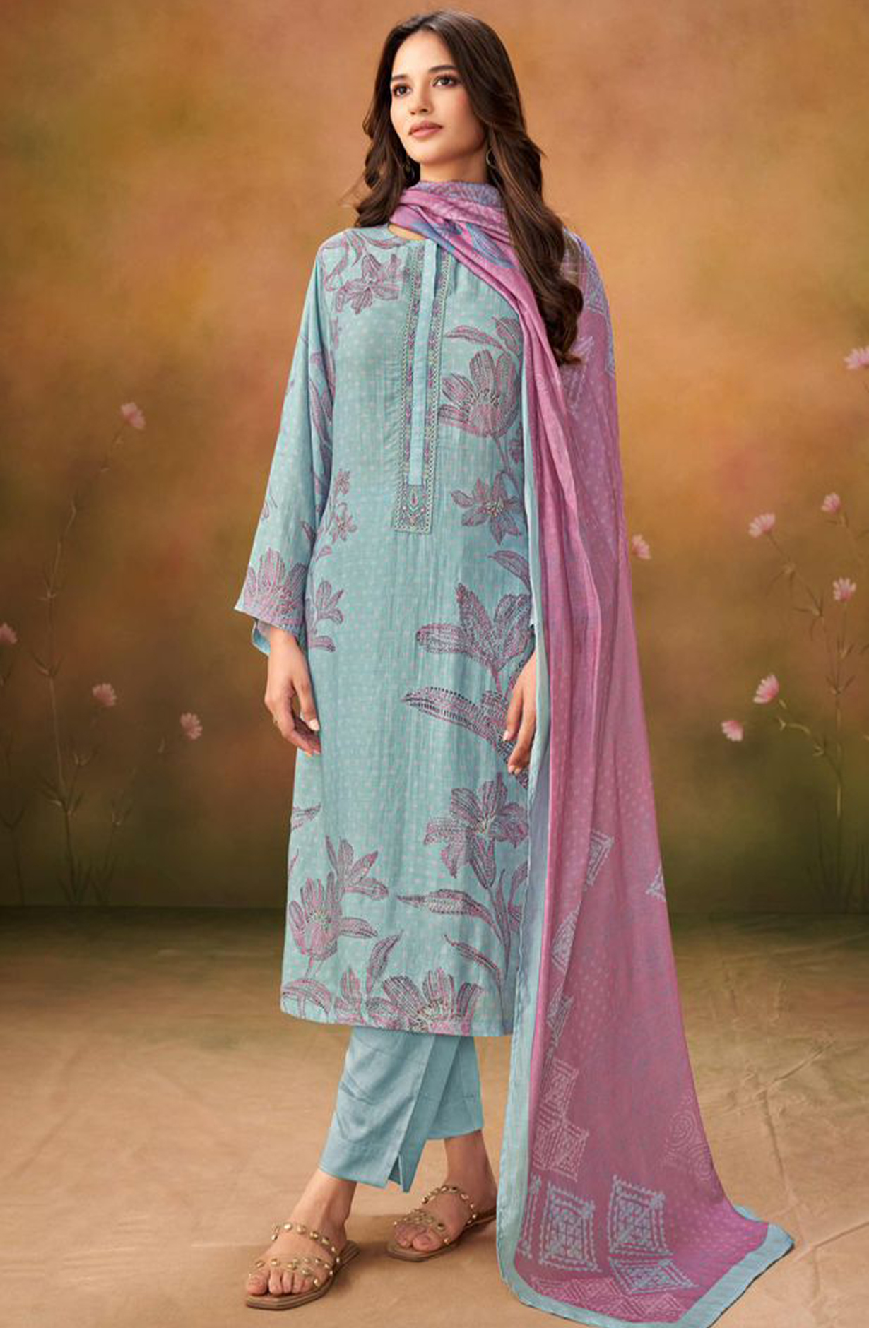 Sky Blue Muslin Digital Printed Suit Set with Dupatta - RIC544