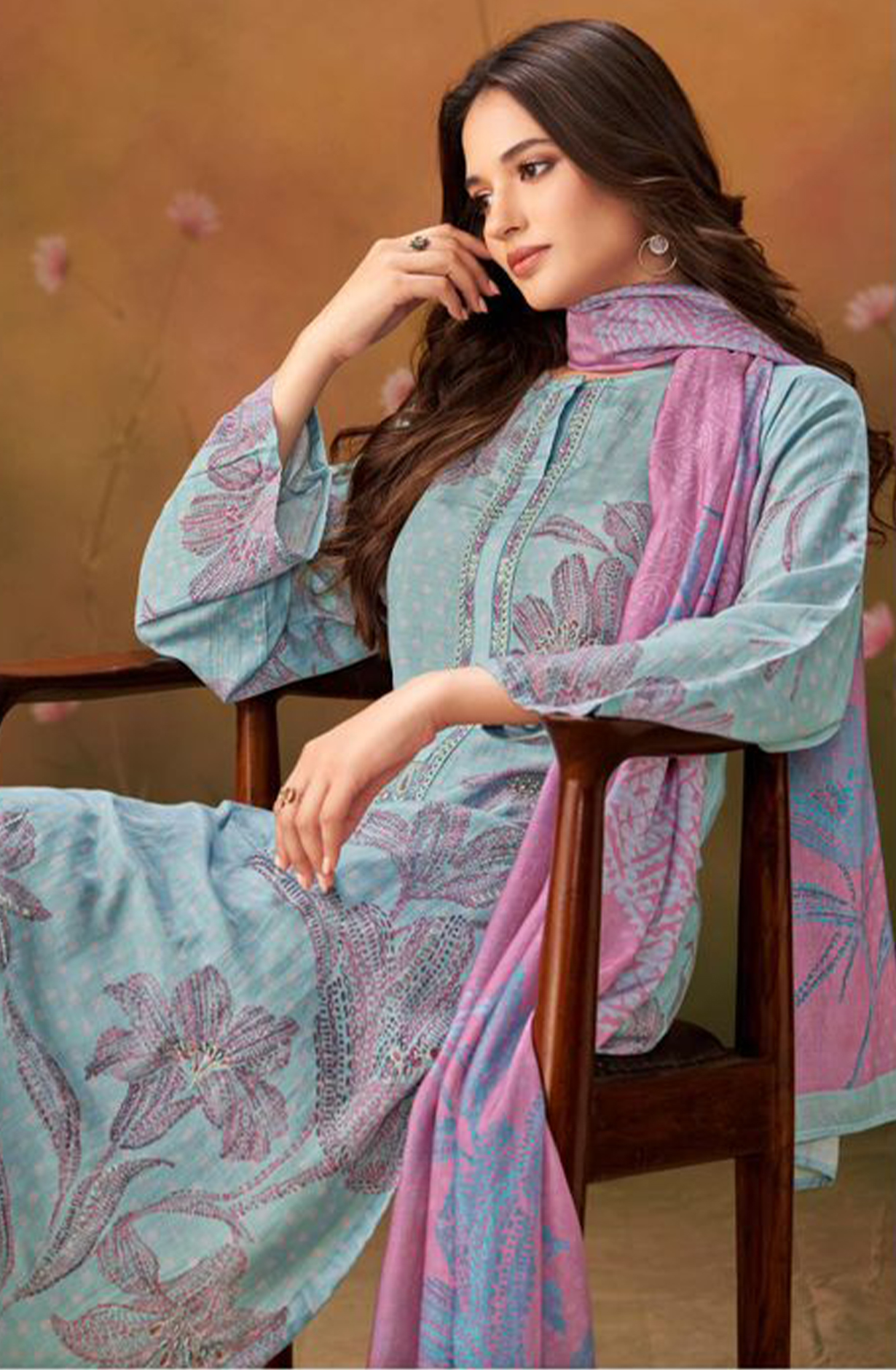 Sky Blue Muslin Digital Printed Suit Set with Dupatta - RIC544