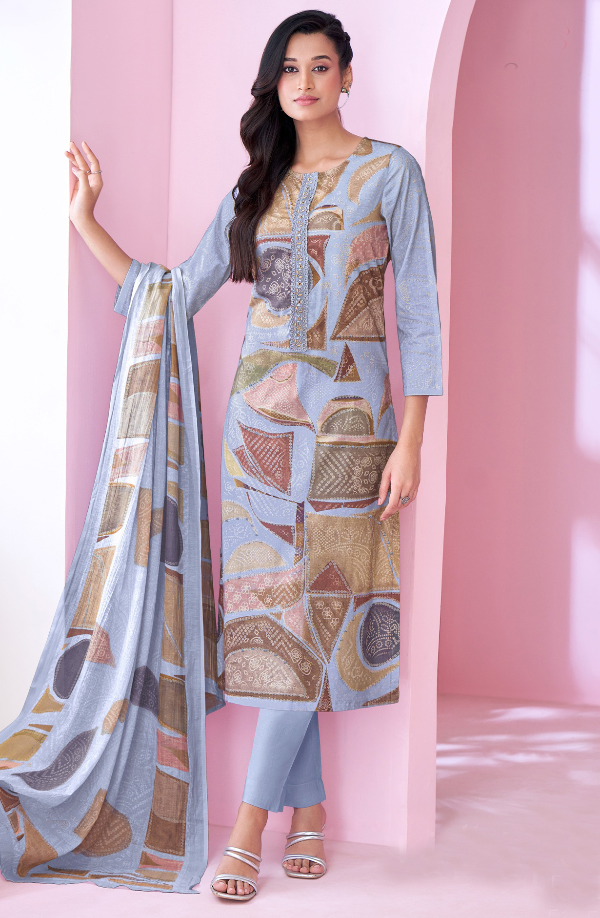 Blue Cotton Lawn Suit Set Aric Cotton Dupatta With Khatli Work Neck Patti Silk Dyed With Embroidary - RID512