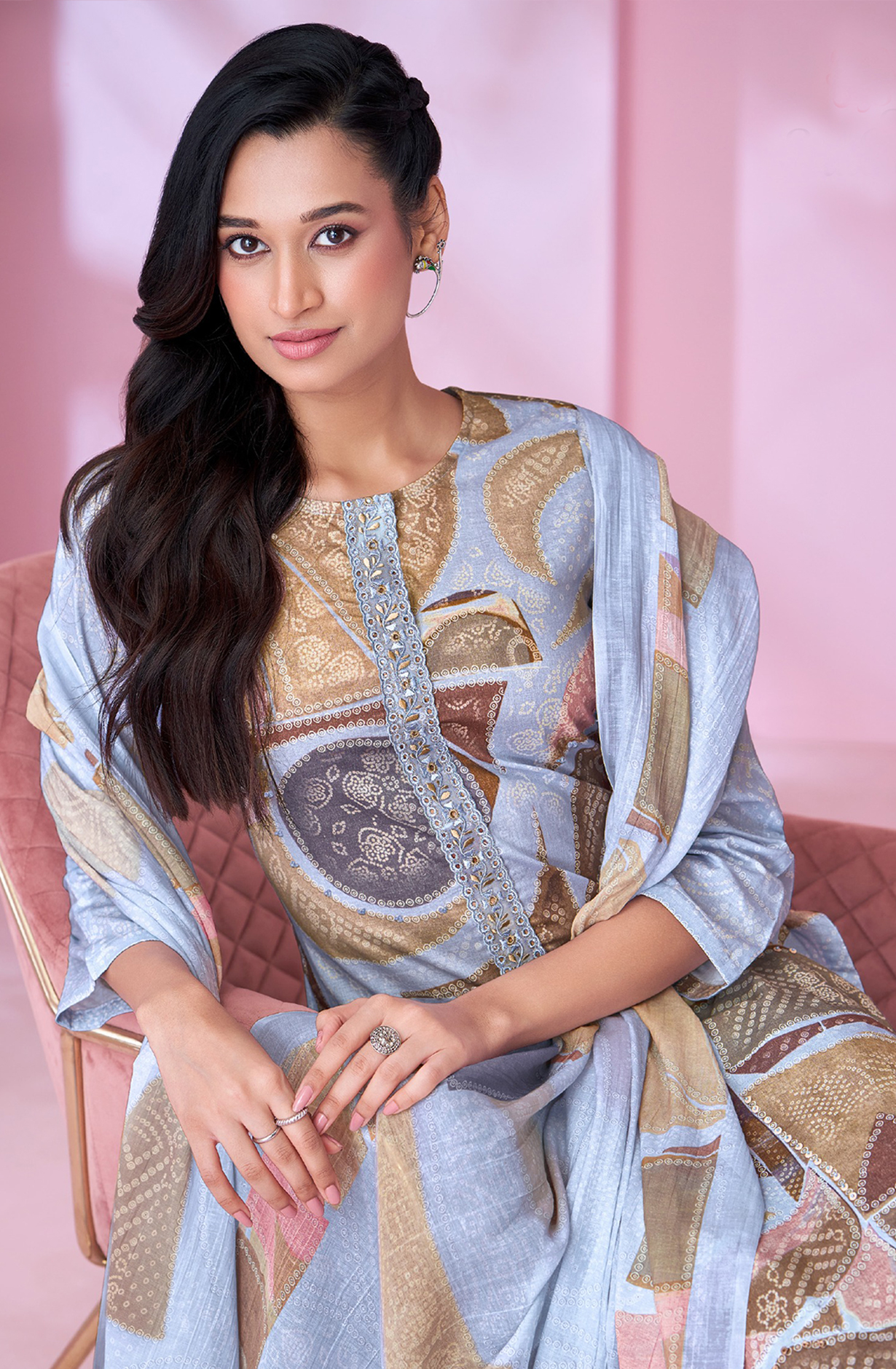 Blue Cotton Lawn Suit Set Aric Cotton Dupatta With Khatli Work Neck Patti Silk Dyed With Embroidary - RID512