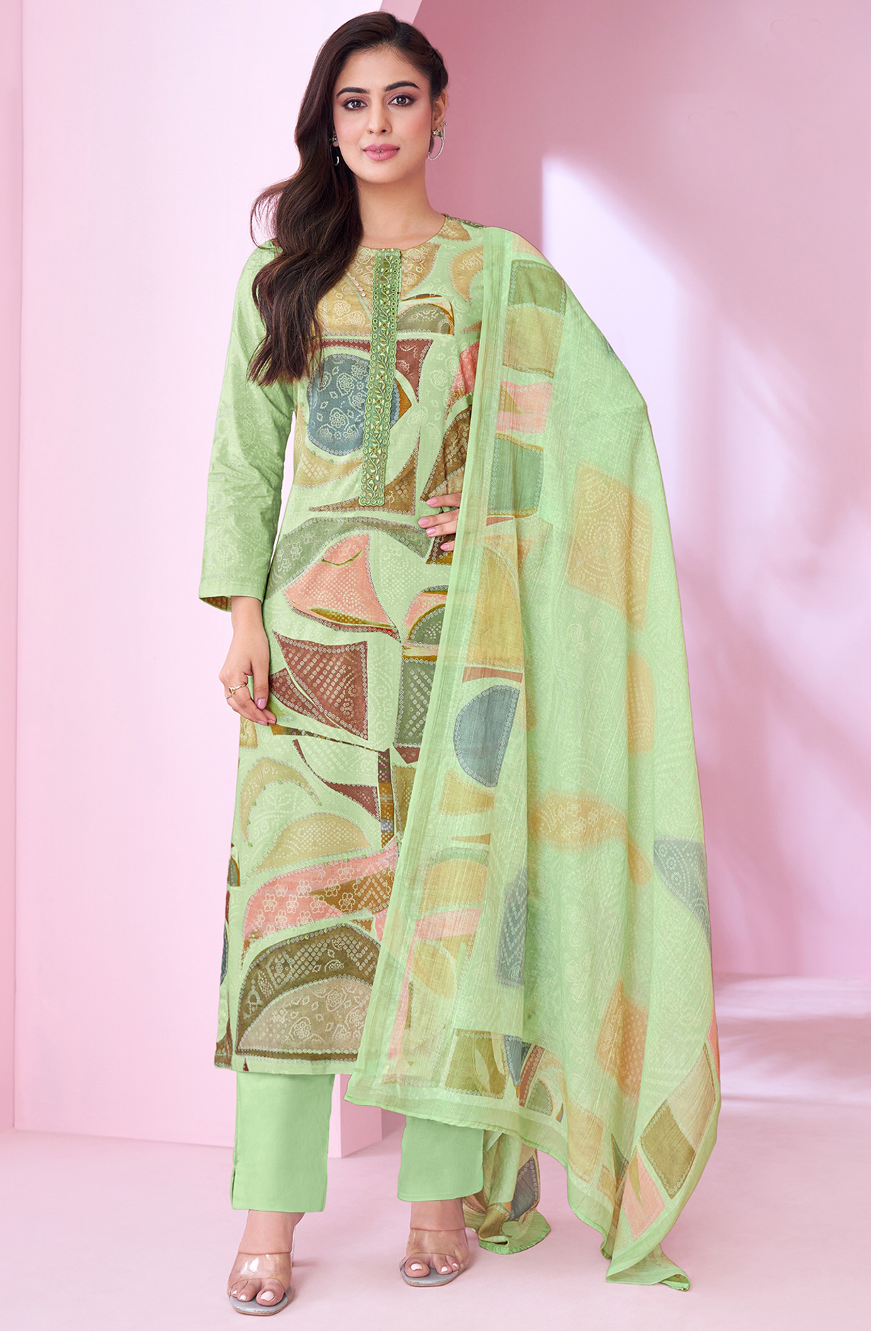 Green Cotton Lawn Suit Set Aric Cotton Dupatta With Khatli Work Neck Patti Silk Dyed With Embroidary - RID518