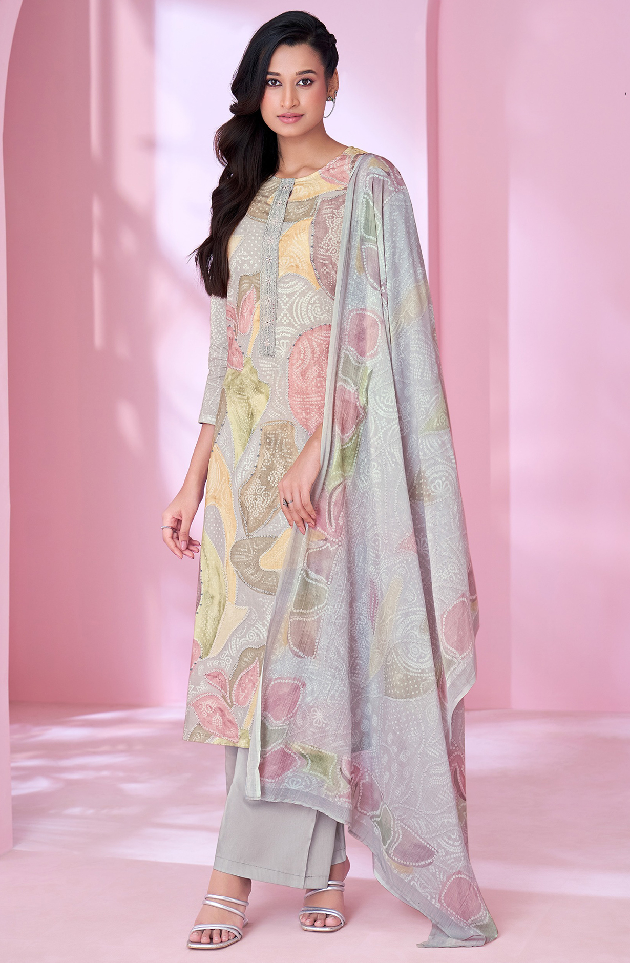 Grey Cotton Lawn Suit Set Aric Cotton Dupatta With Khatli Work Neck Patti Silk Dyed With Embroidary - RID524