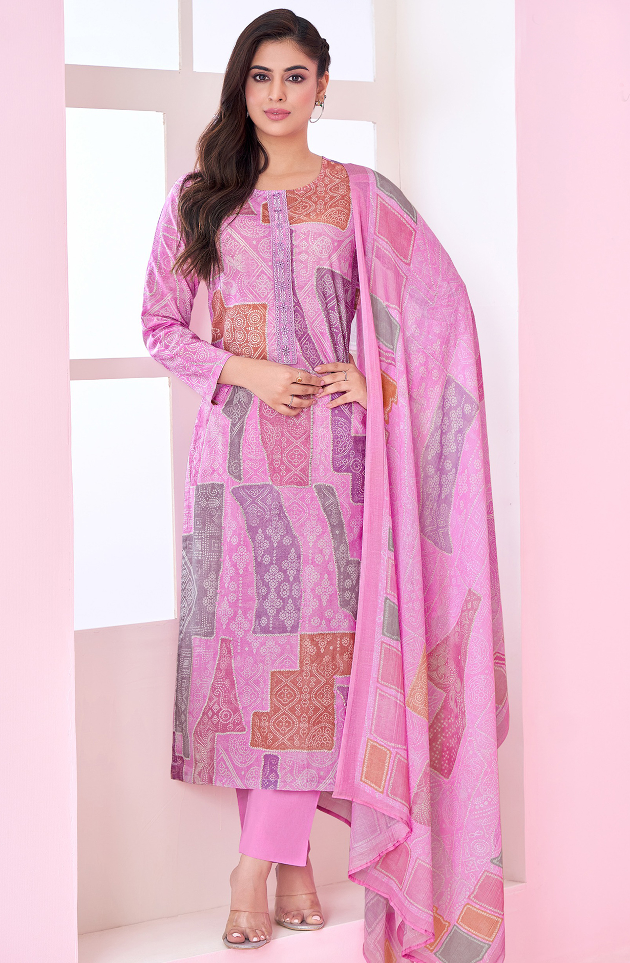 Pink Cotton Lawn Suit Set Aric Cotton Dupatta With Khatli Work Neck Patti Silk Dyed With Embroidary - RID529