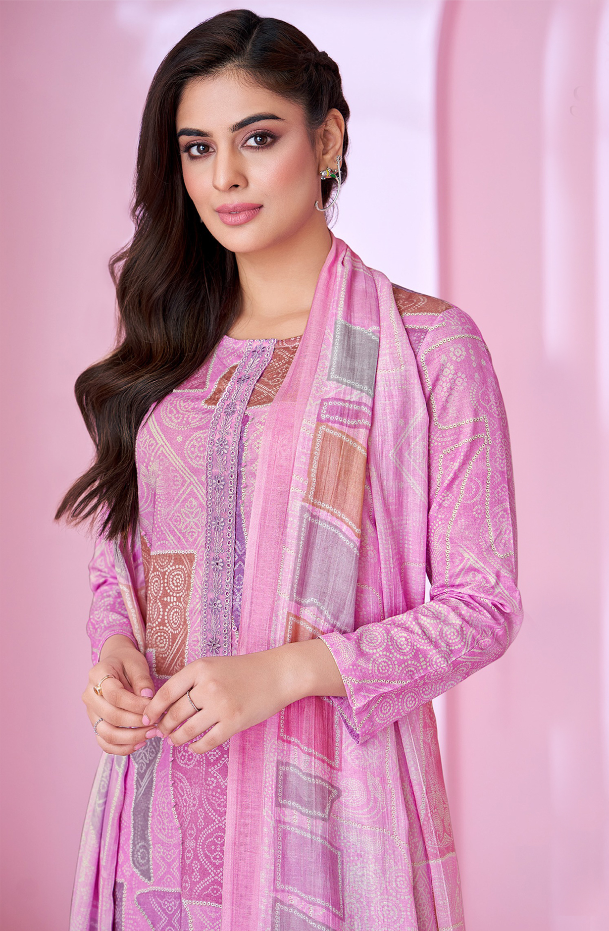 Pink Cotton Lawn Suit Set Aric Cotton Dupatta With Khatli Work Neck Patti Silk Dyed With Embroidary - RID529