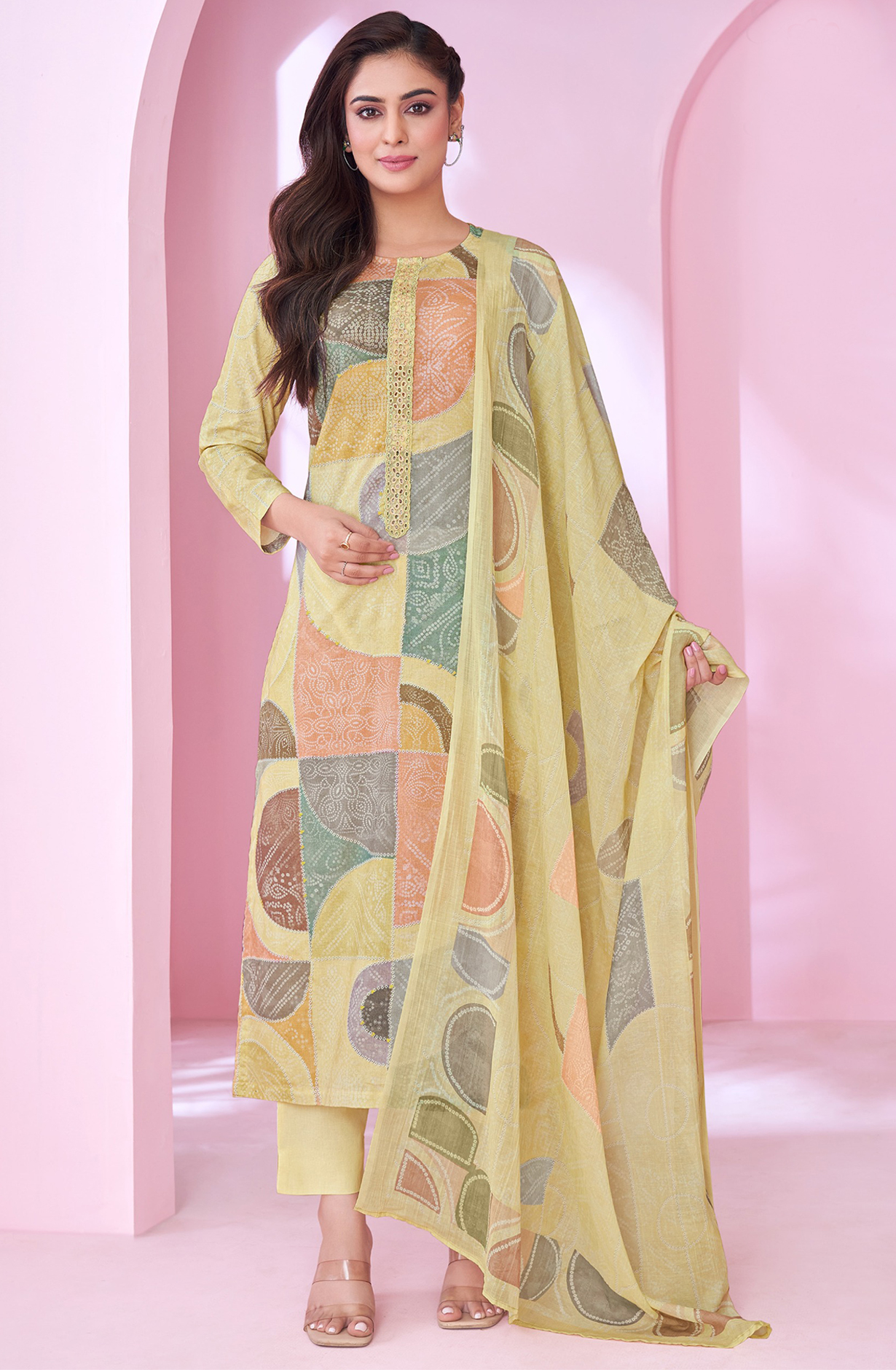 Yellow Cotton Lawn Suit Set Aric Cotton Dupatta With Khatli Work Neck Patti Silk Dyed With Embroidary - RID545