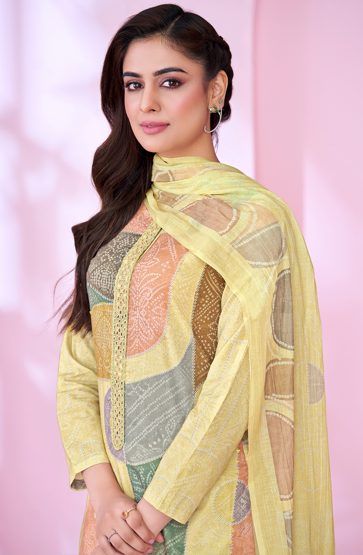 Yellow Cotton Lawn Suit Set Aric Cotton Dupatta With Khatli Work Neck Patti Silk Dyed With Embroidary - RID545