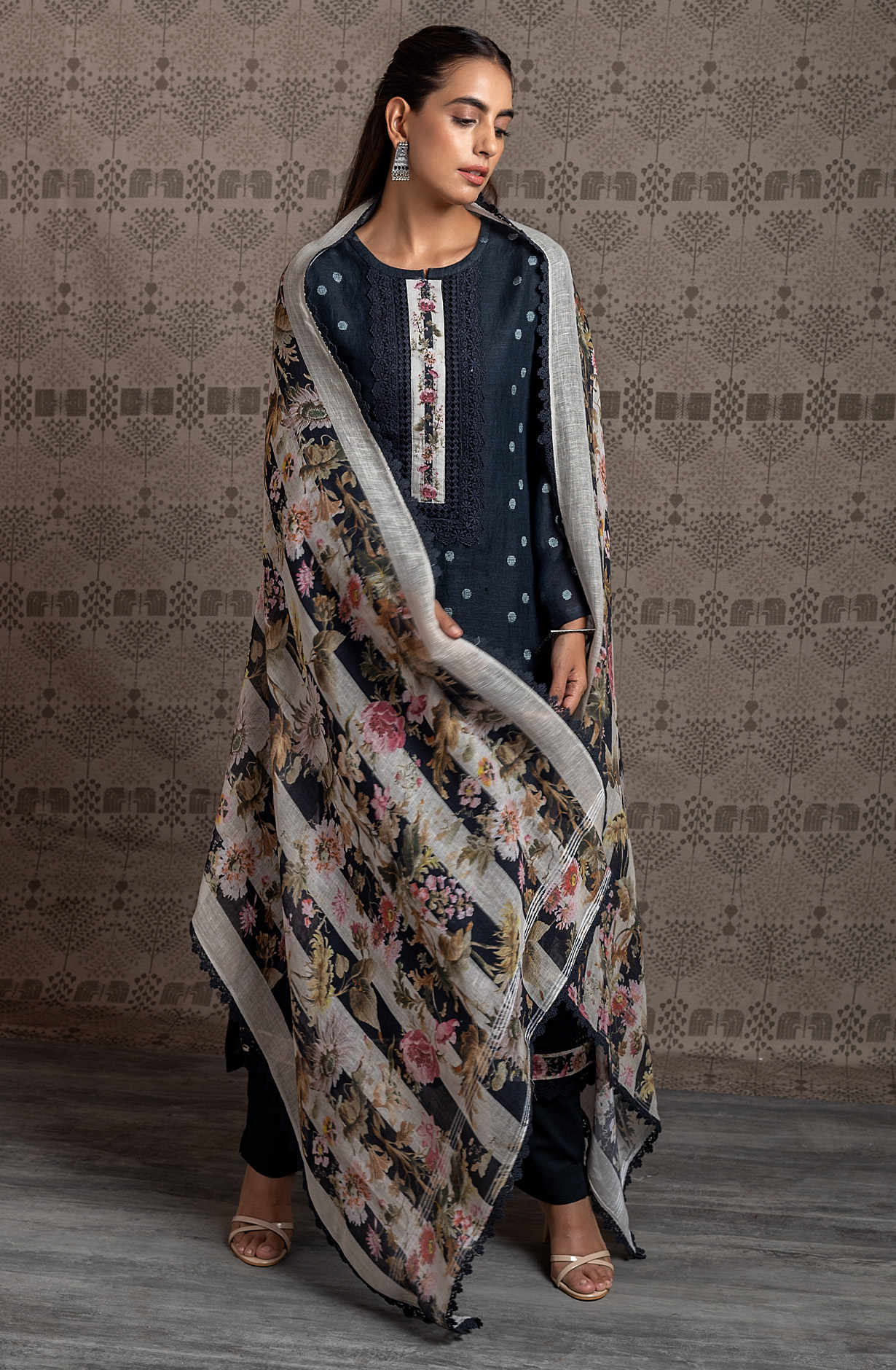 Black Linen Exclusive Unstitched Lace work Suit-set - RIE1973A