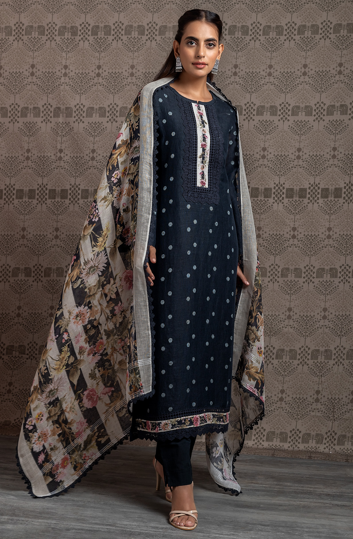 Black Linen Exclusive Unstitched Lace work Suit-set - RIE1973A