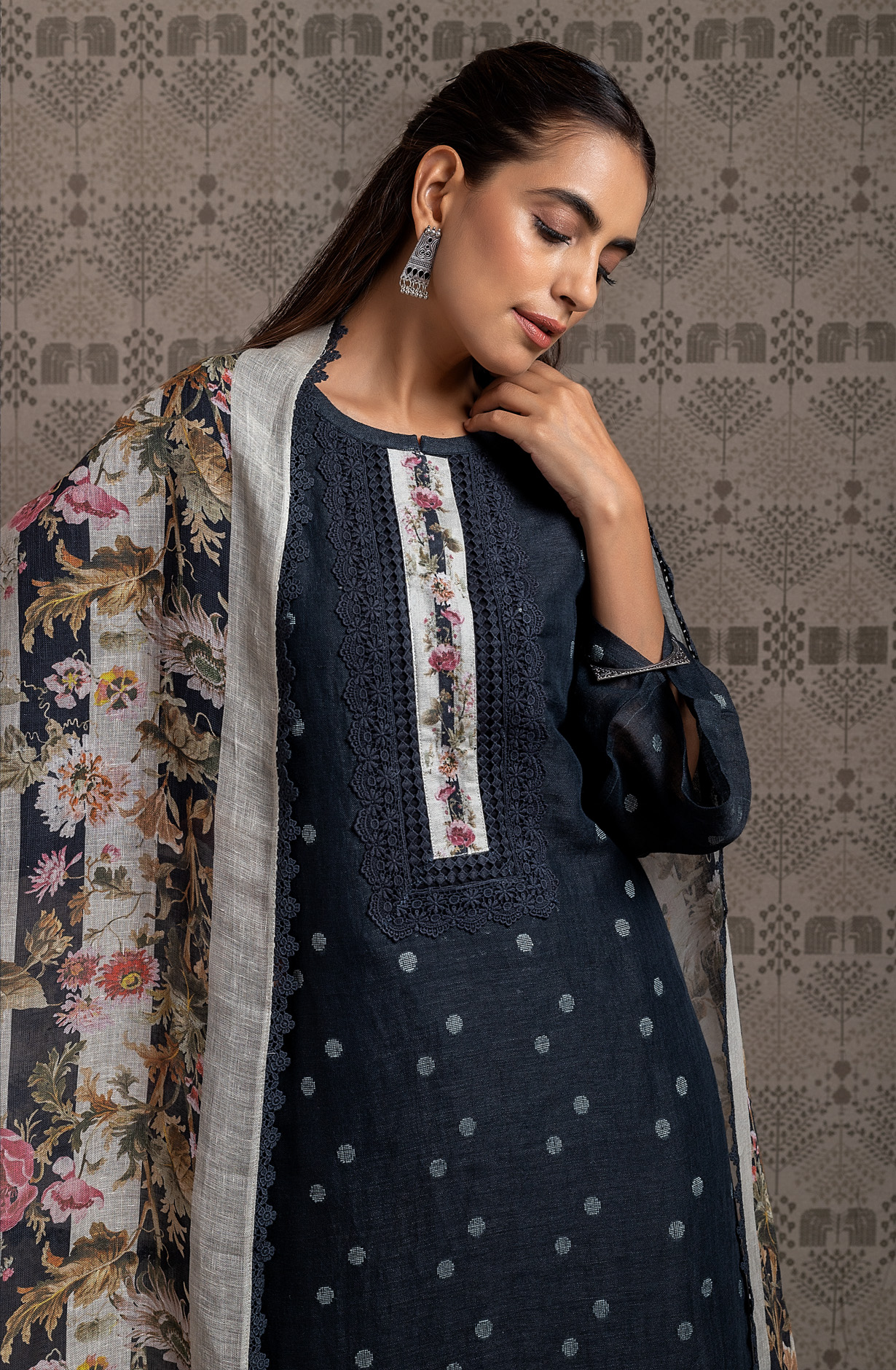 Black Linen Exclusive Unstitched Lace work Suit-set - RIE1973A