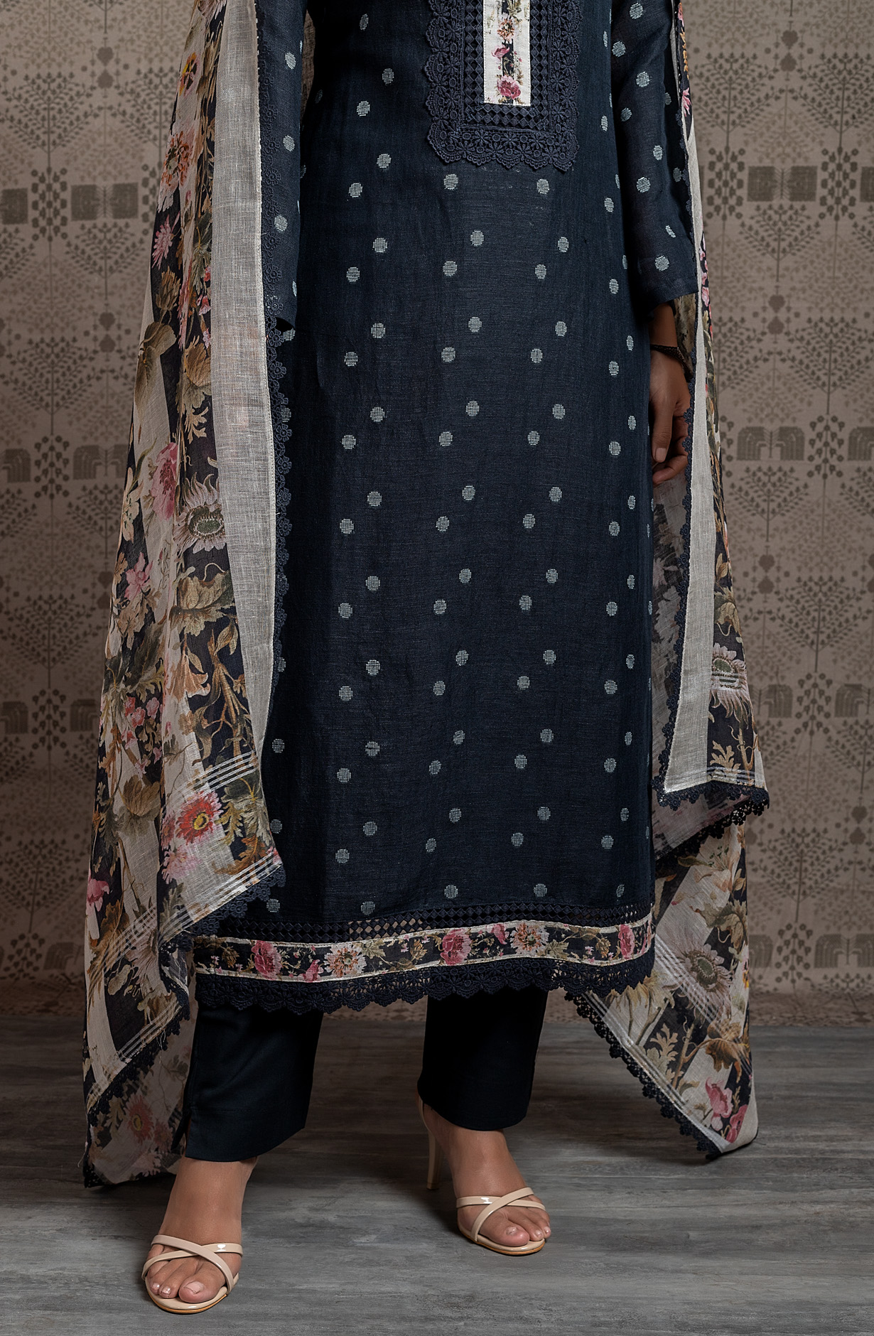 Black Linen Exclusive Unstitched Lace work Suit-set - RIE1973A