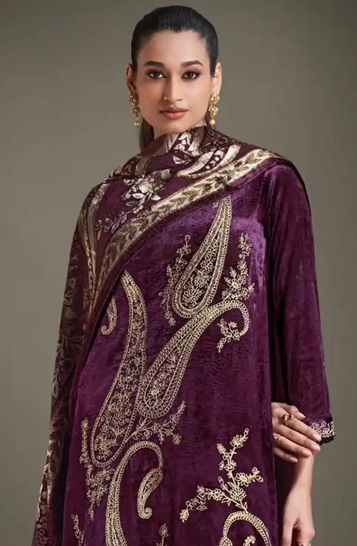 Purple Viscose Unstitch suit set with Velvet Brasso Dupatta - RIT8721A