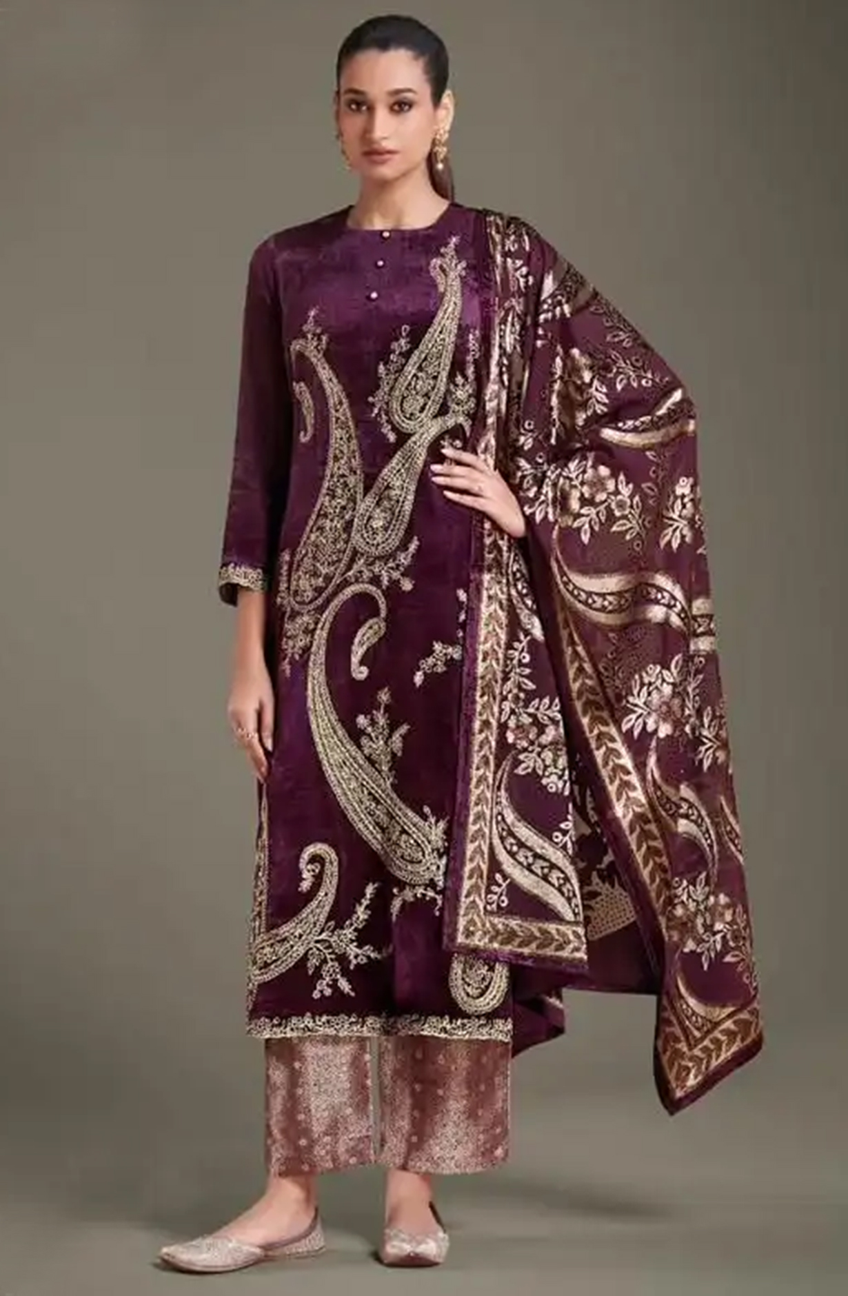 Purple Viscose Unstitch suit set with Velvet Brasso Dupatta - RIT8721A