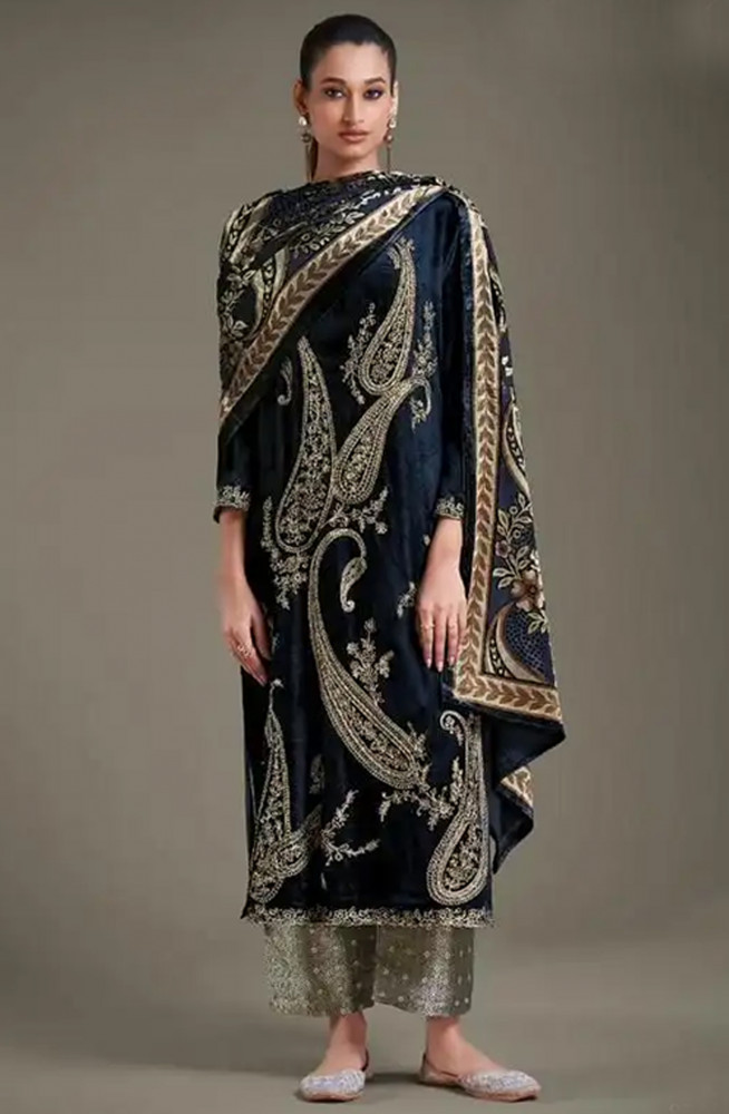 Image of Blue Viscose Unstitch suit set with Velvet Brasso Dupatta - RIT8721B