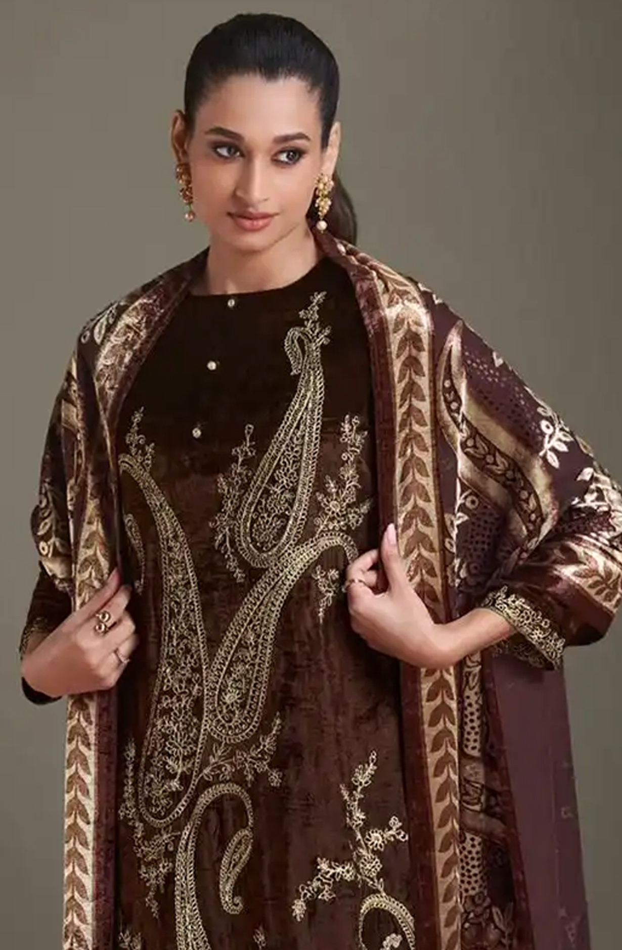 Brown Viscose Unstitch suit set with Velvet Brasso Dupatta - RIT8721C