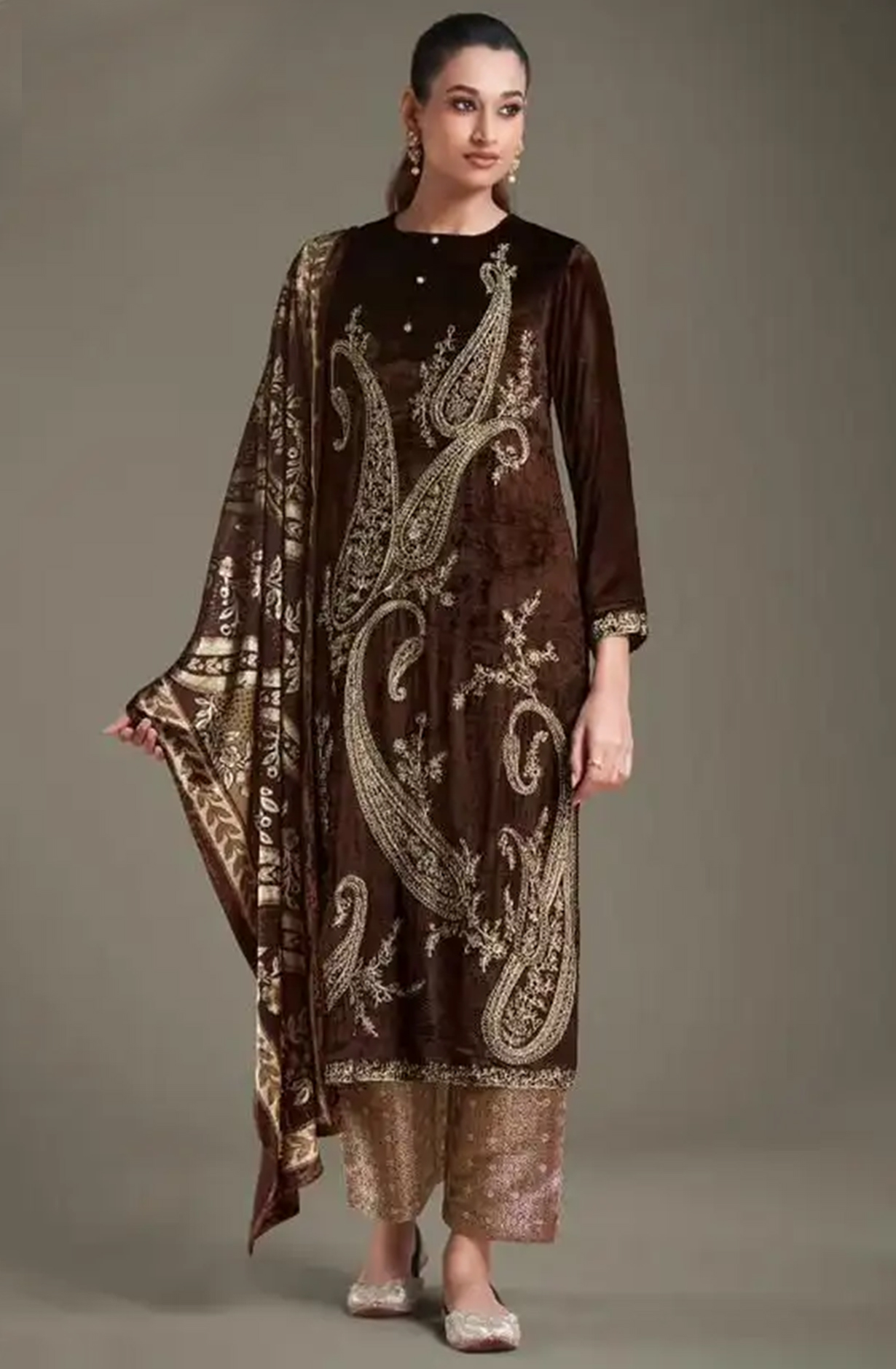 Brown Viscose Unstitch suit set with Velvet Brasso Dupatta - RIT8721C