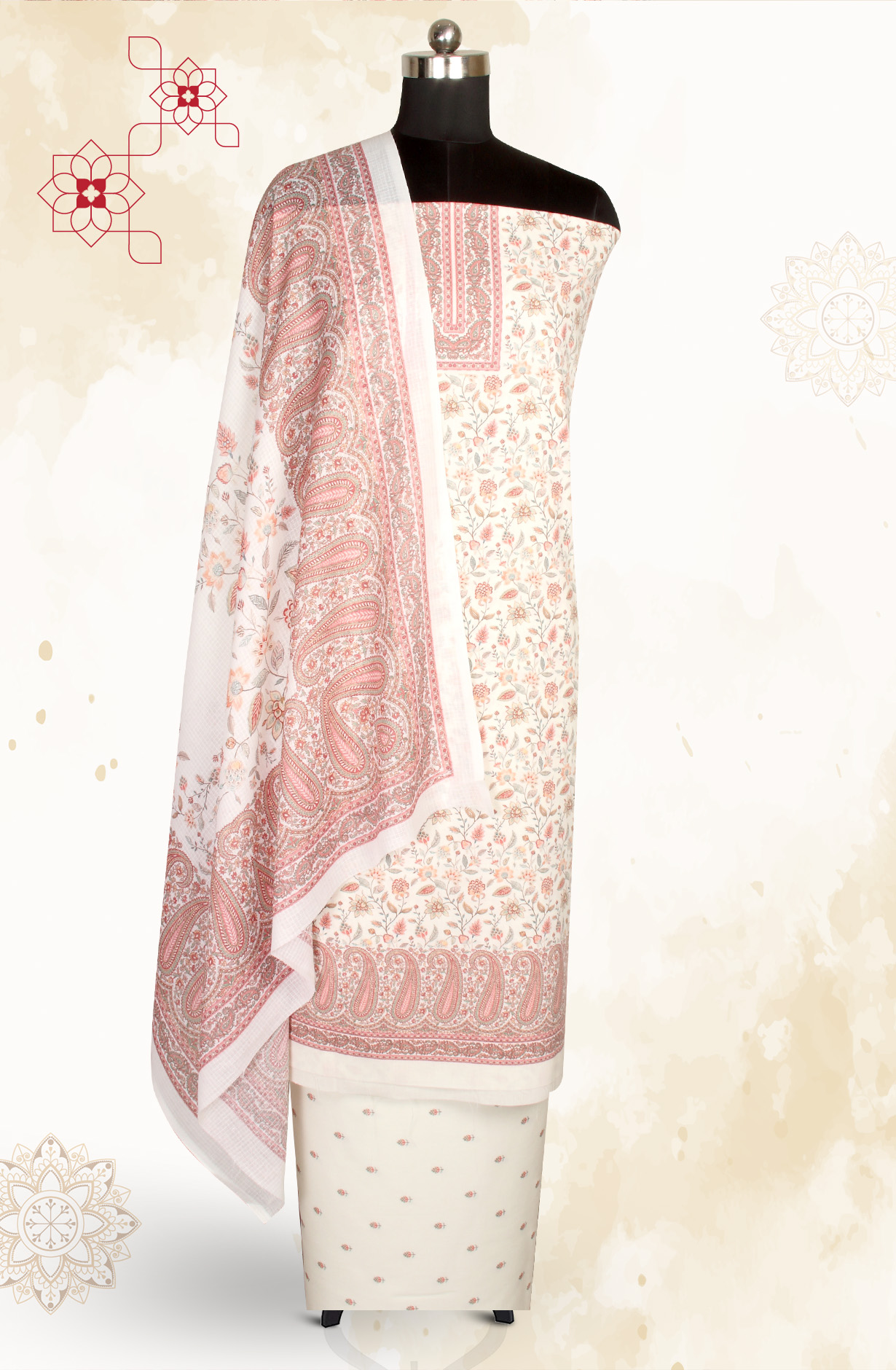 Cream Cotton Voile Digital Printed Salwar Kameez - RIV1278A