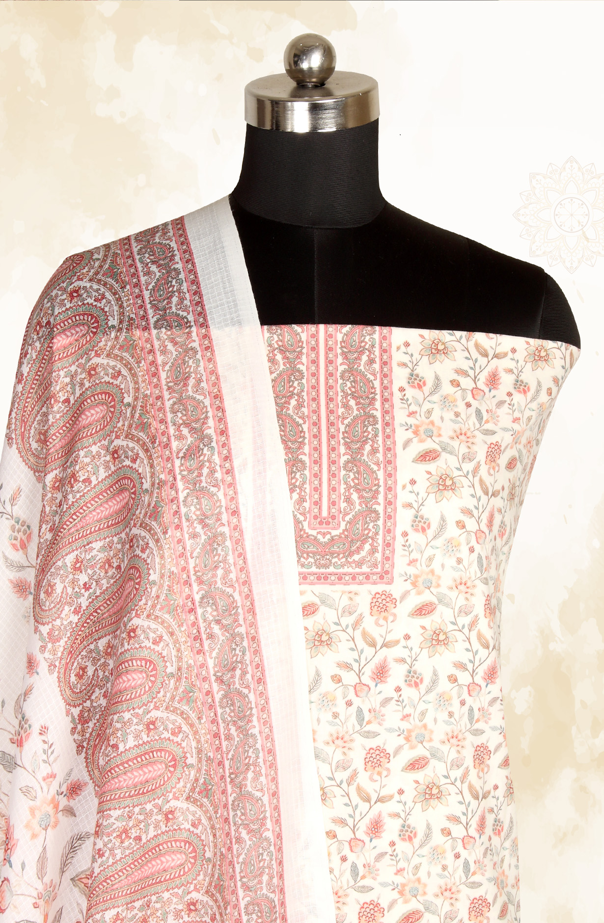 Cream Cotton Voile Digital Printed Salwar Kameez - RIV1278A