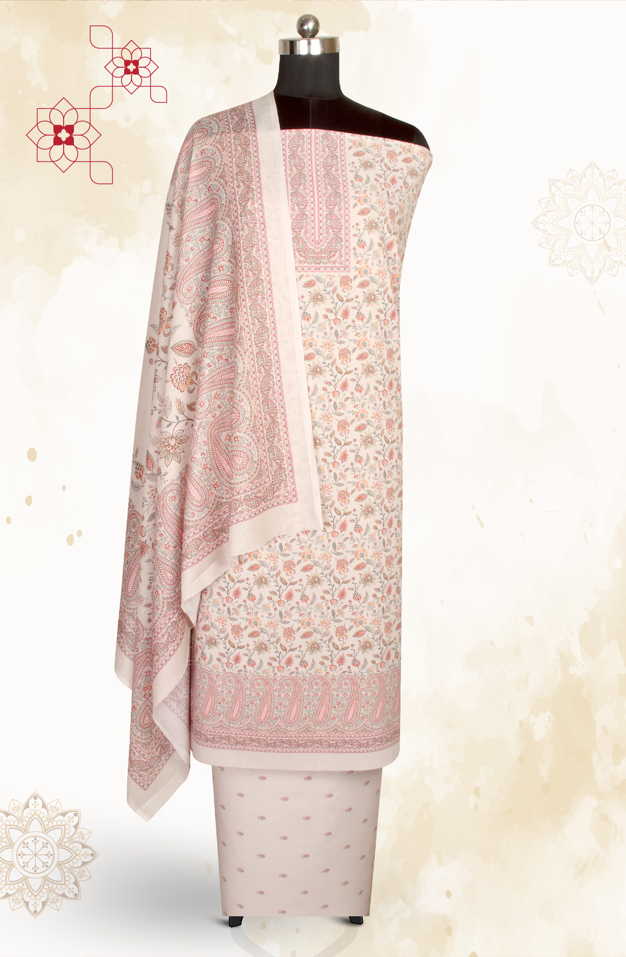 Beige Cotton Voile Digital Printed Salwar Kameez - RIV1278B