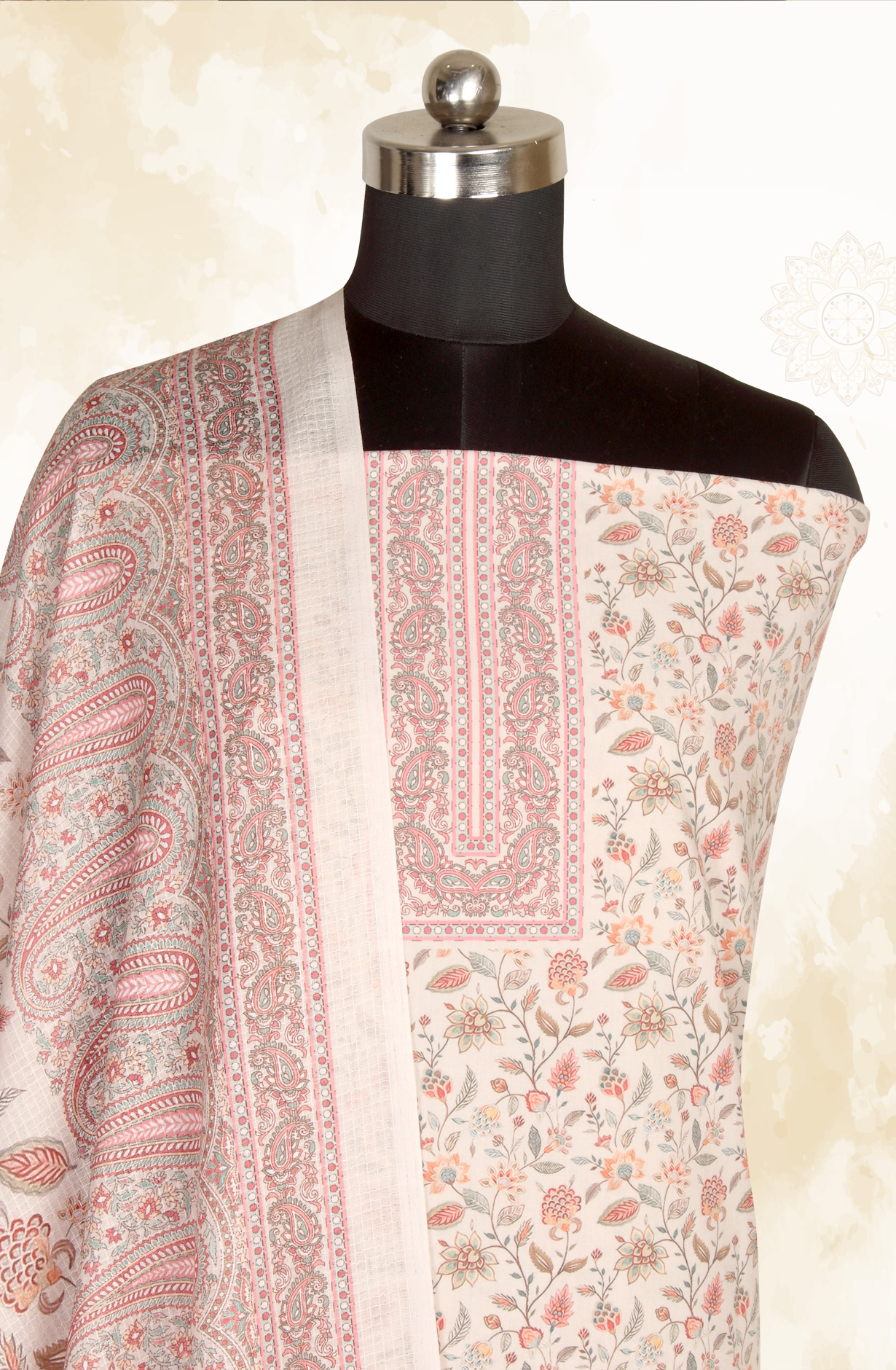 Beige Cotton Voile Digital Printed Salwar Kameez - RIV1278B