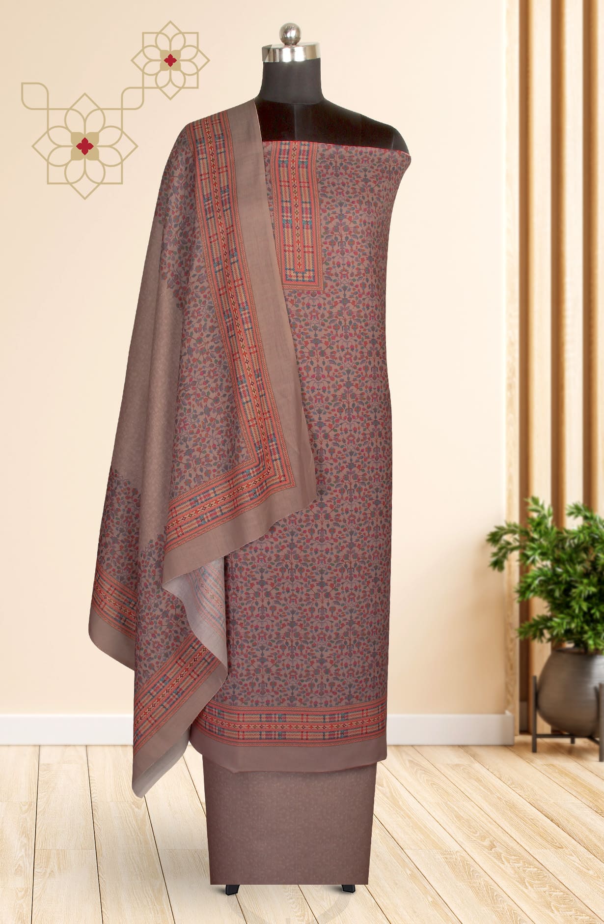 Beige Cotton Voile Digital Floral Printed Salwar Kameez - RIV1279D