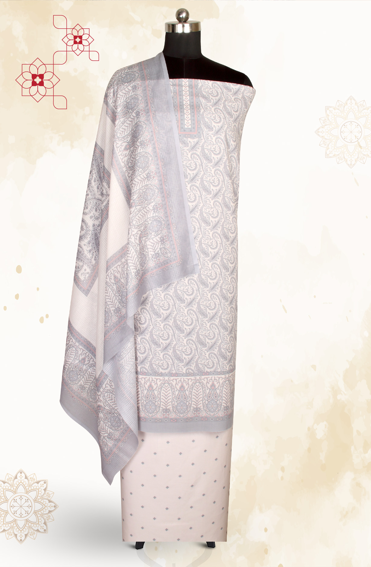 Cream and Grey Cotton Voile Digital Printed Salwar Suit - RIV1282A