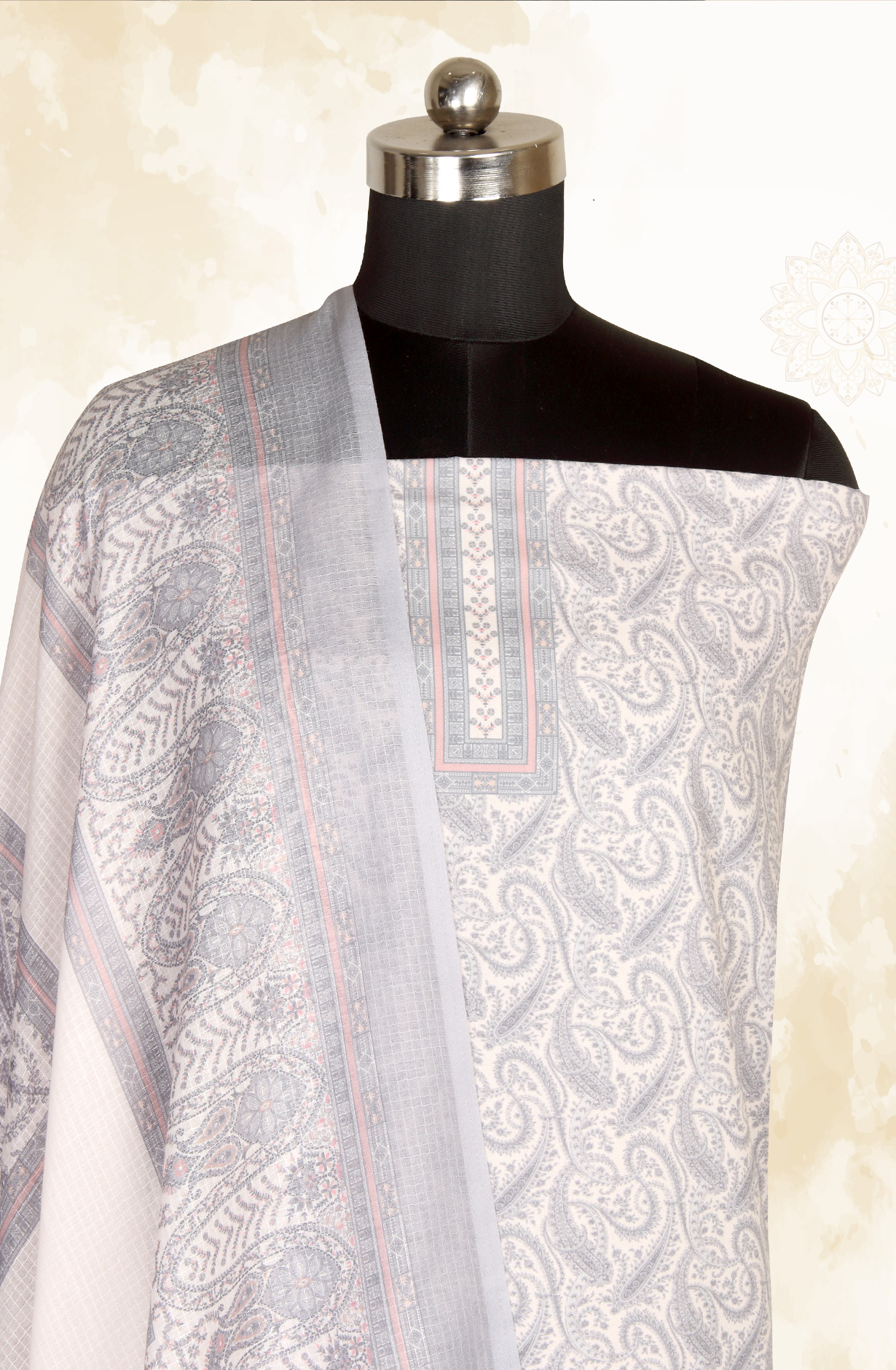 Cream and Grey Cotton Voile Digital Printed Salwar Suit - RIV1282A