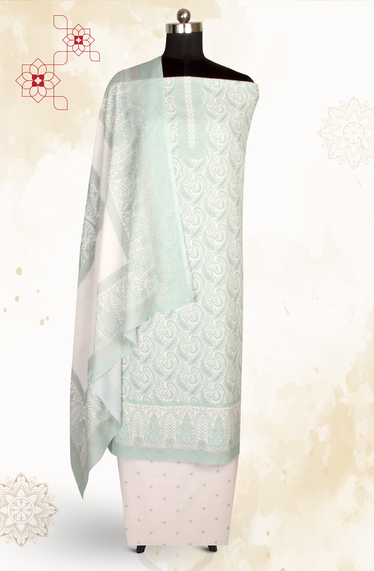 Cream and Sea Green Cotton Voile Digital Printed Salwar Suit - RIV1282C