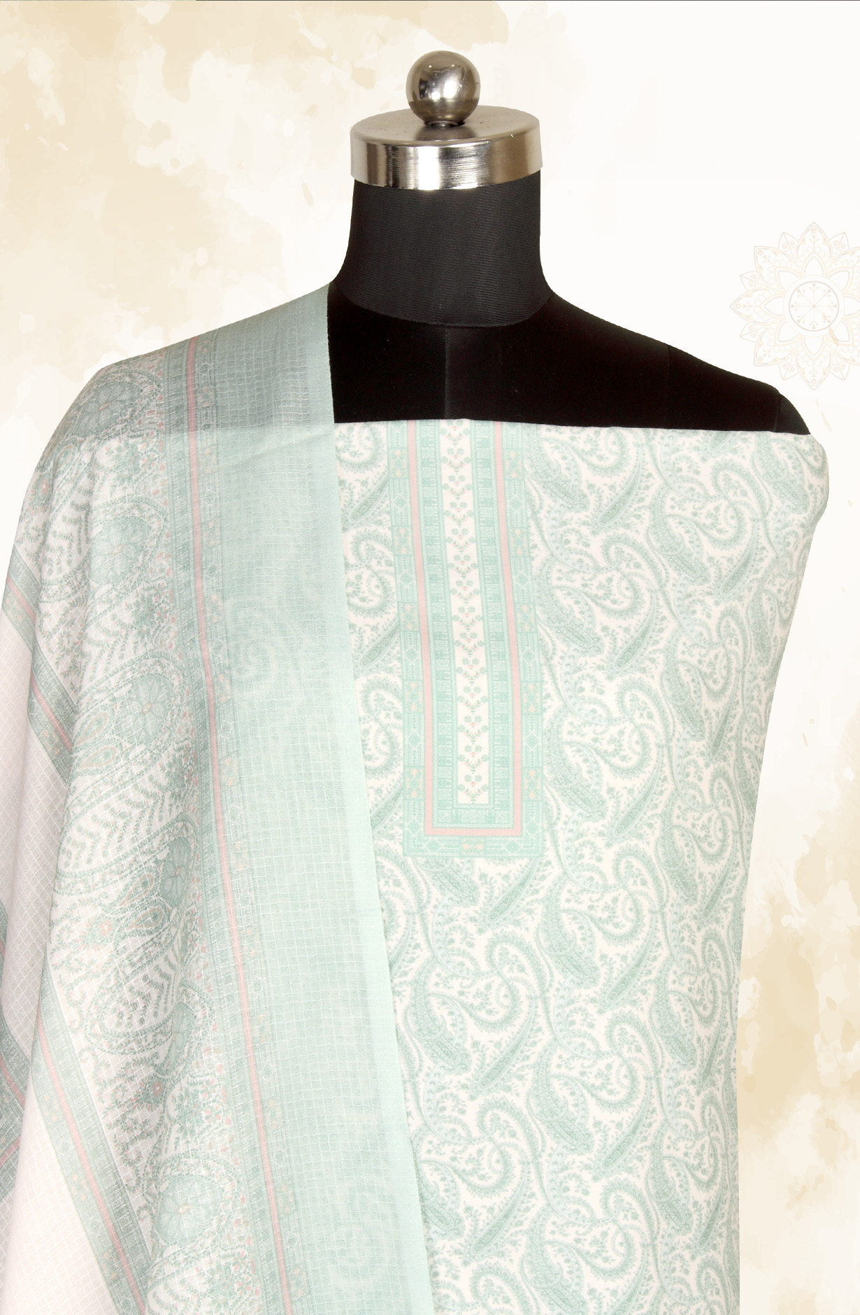 Cream and Sea Green Cotton Voile Digital Printed Salwar Suit - RIV1282C