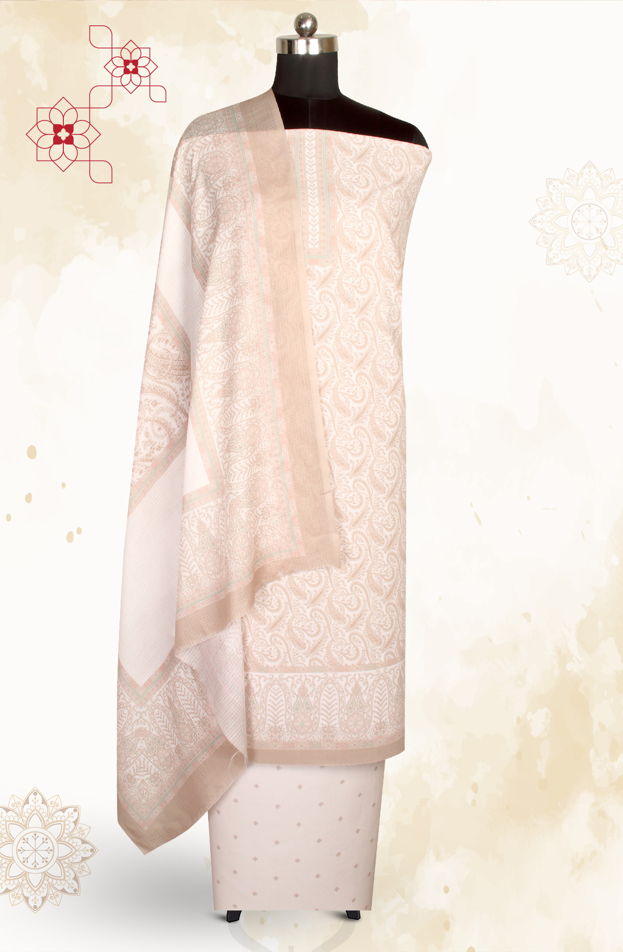 Cream and Beige Cotton Voile Digital Printed Salwar Suit - RIV1282D