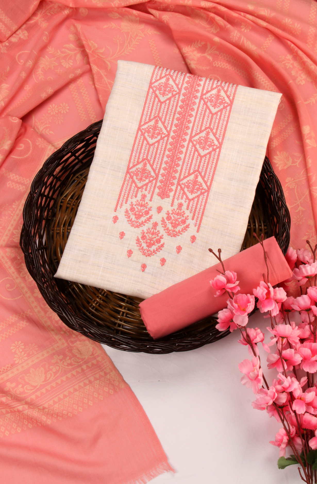 Cream and Pink Cotton Salwar Suit with Linen Dupatta - RIV1958