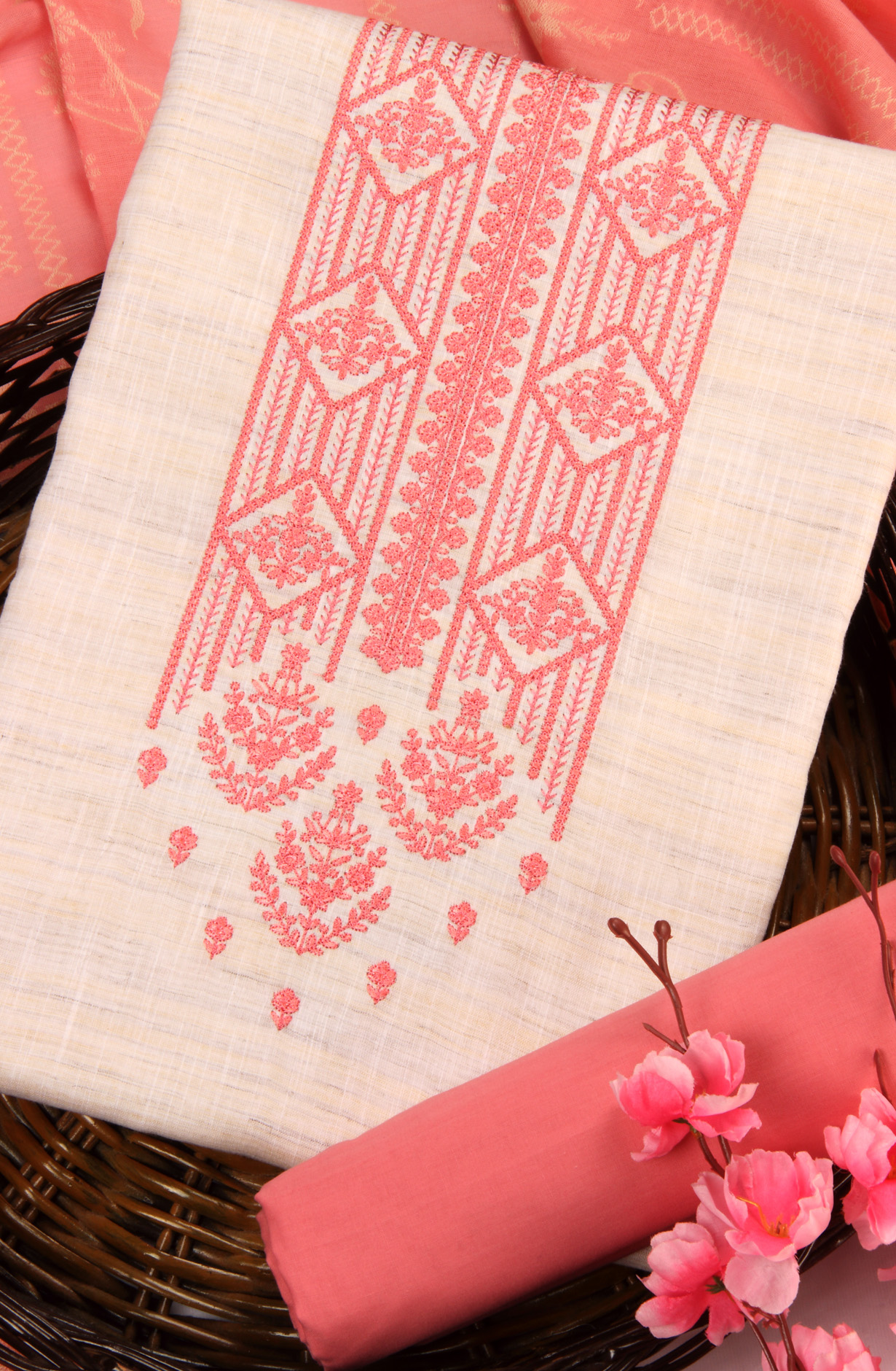 Cream and Pink Cotton Salwar Suit with Linen Dupatta - RIV1958