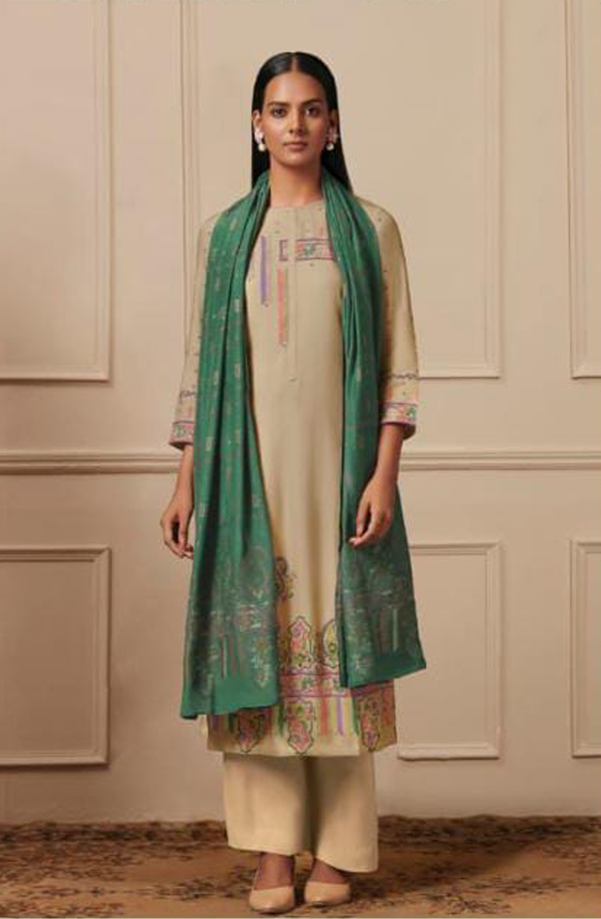 Beige Pashmina Digital Print Winter Salwar Suit - RIW1621