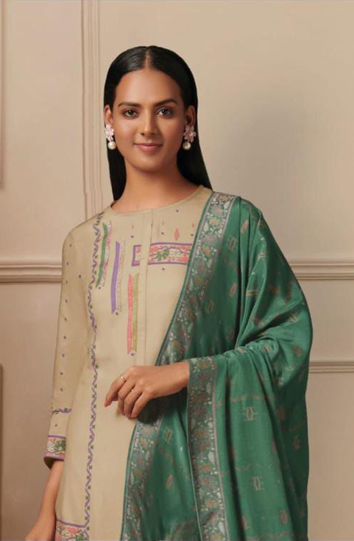 Beige Pashmina Digital Print Winter Salwar Suit - RIW1621