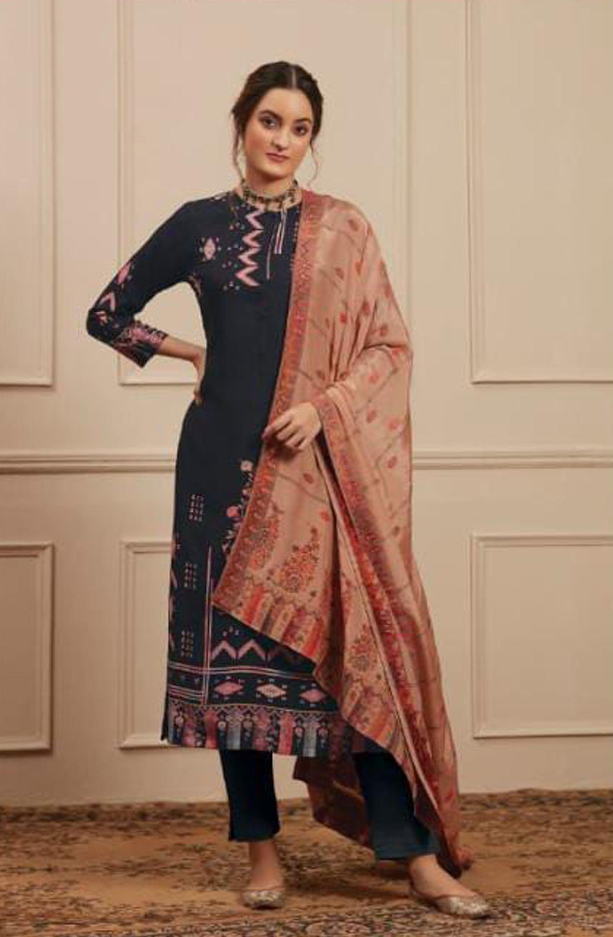 Black Pashmina Digital Print Winter Salwar Suit - RIW1639
