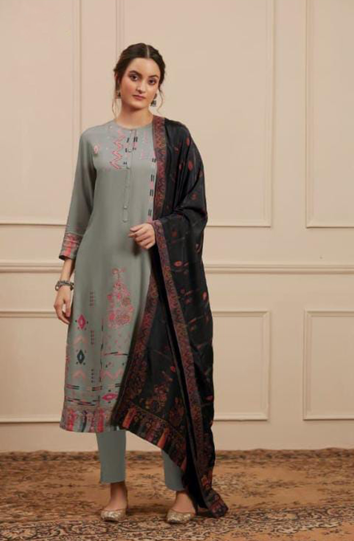 Grey Pashmina Digital Print Winter Salwar Suit - RIW1640