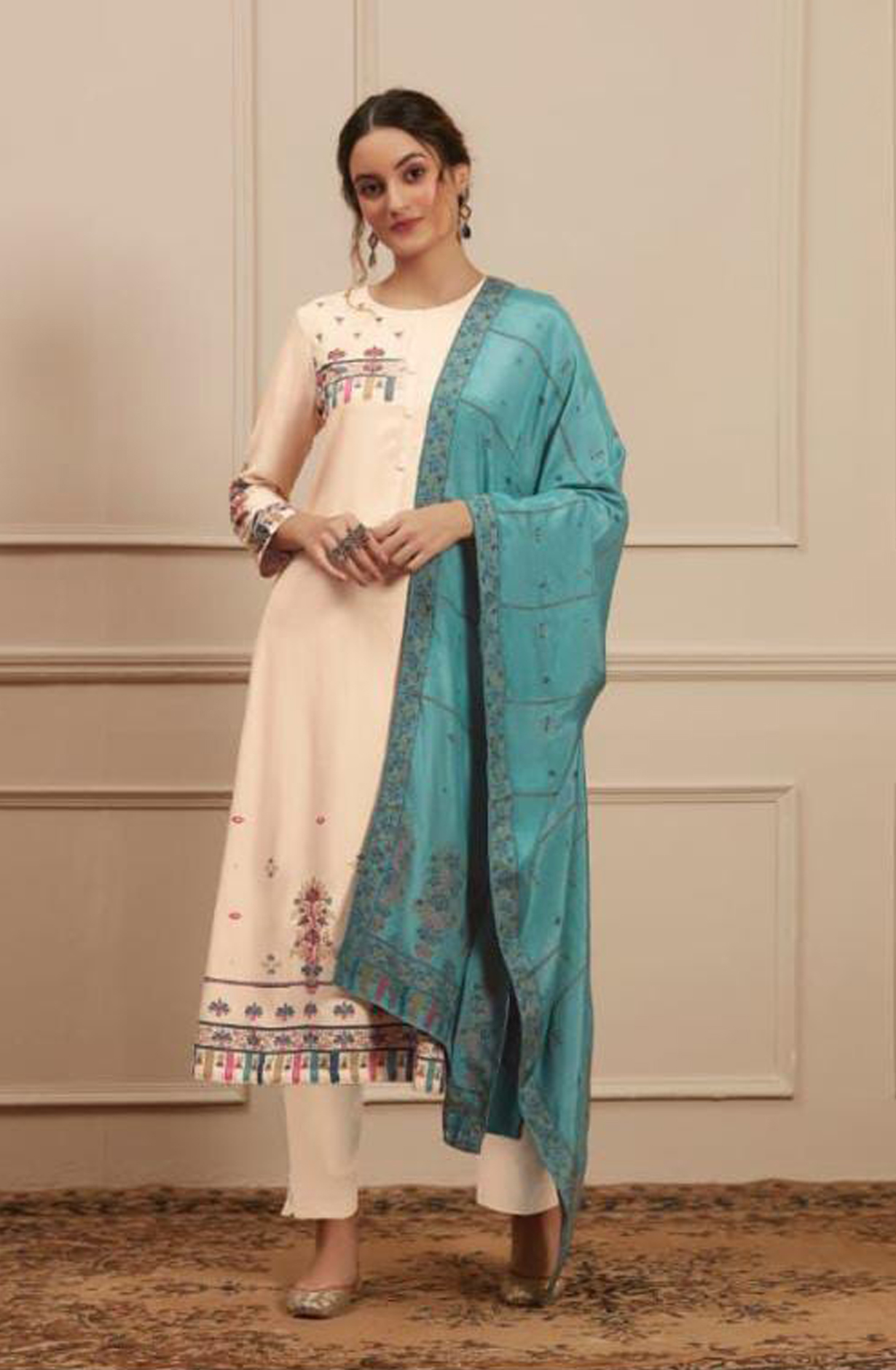 Cream Pashmina Digital Print Winter Salwar Suit - RIW1655