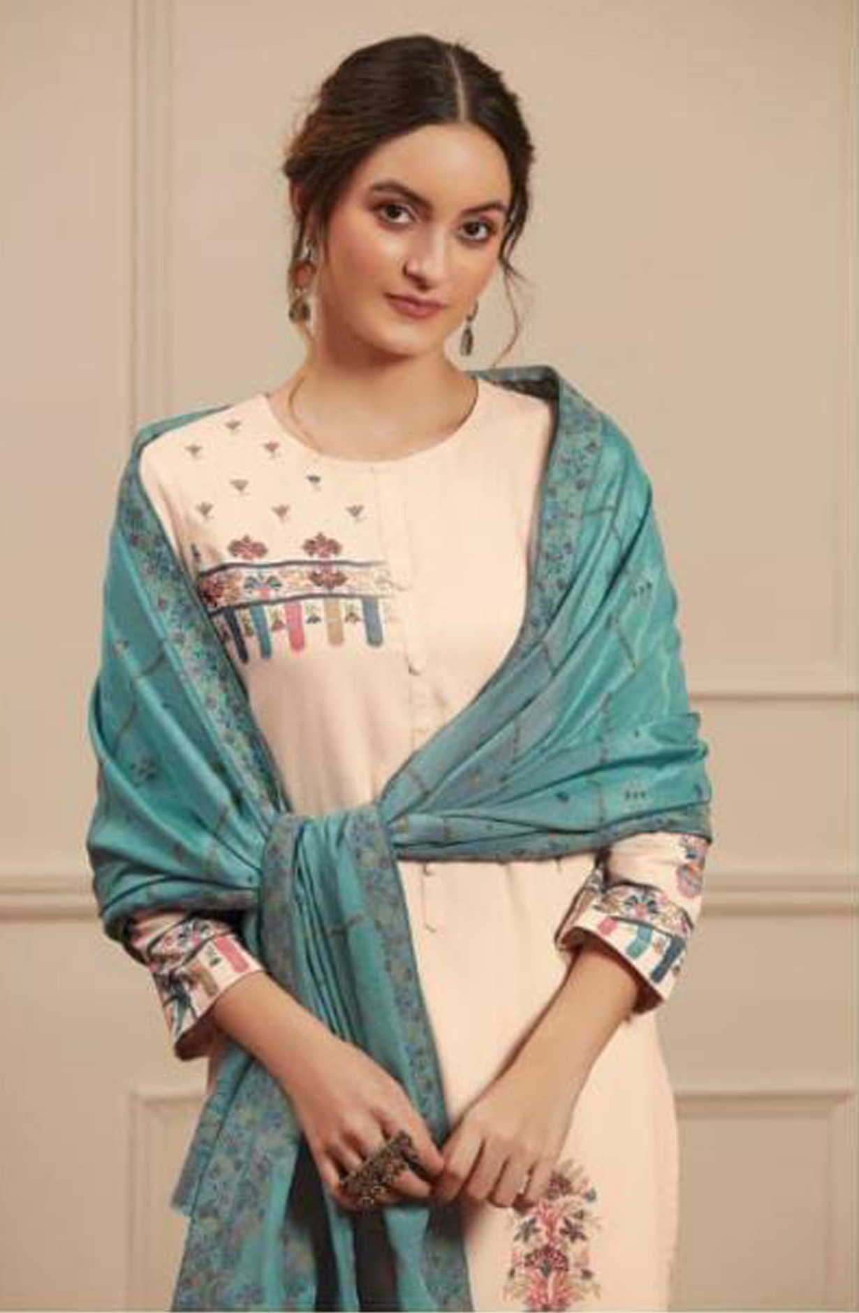 Cream Pashmina Digital Print Winter Salwar Suit - RIW1655