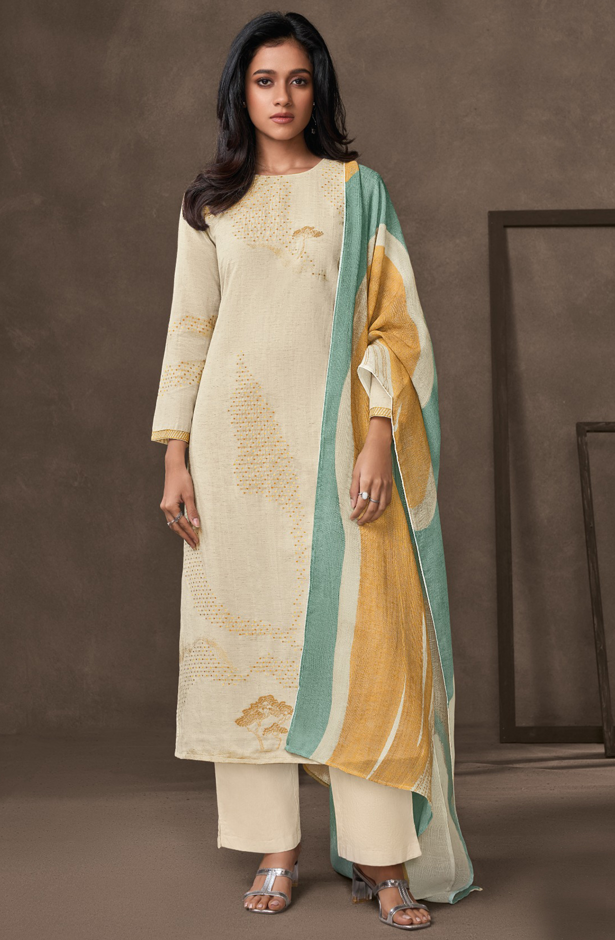 Mustard Cotton Lawn Suit Set Linen Cotton Digital Printed With Embroidery Sleeve Work - RIZ7411A