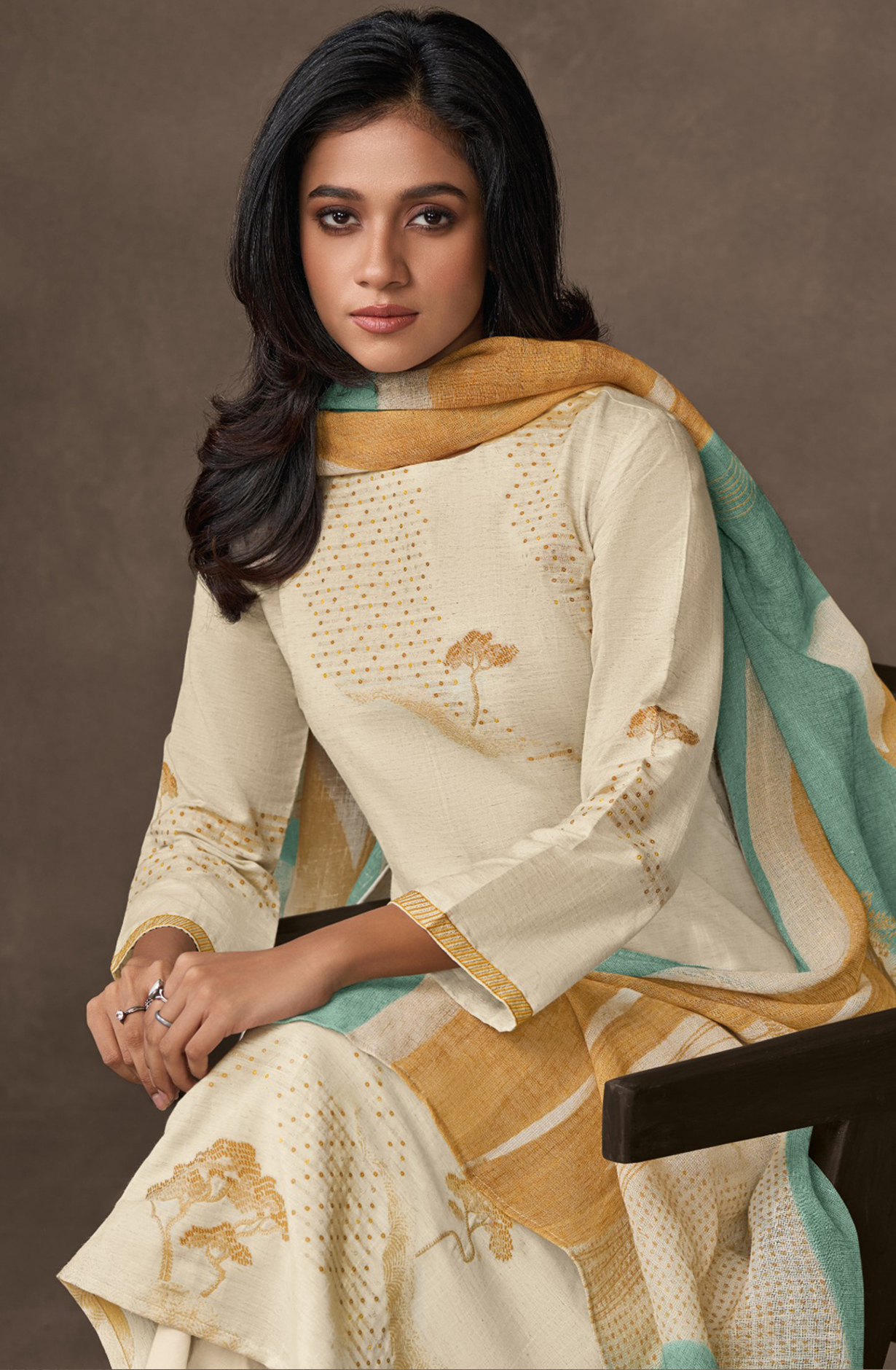 Mustard Cotton Lawn Suit Set Linen Cotton Digital Printed With Embroidery Sleeve Work - RIZ7411A