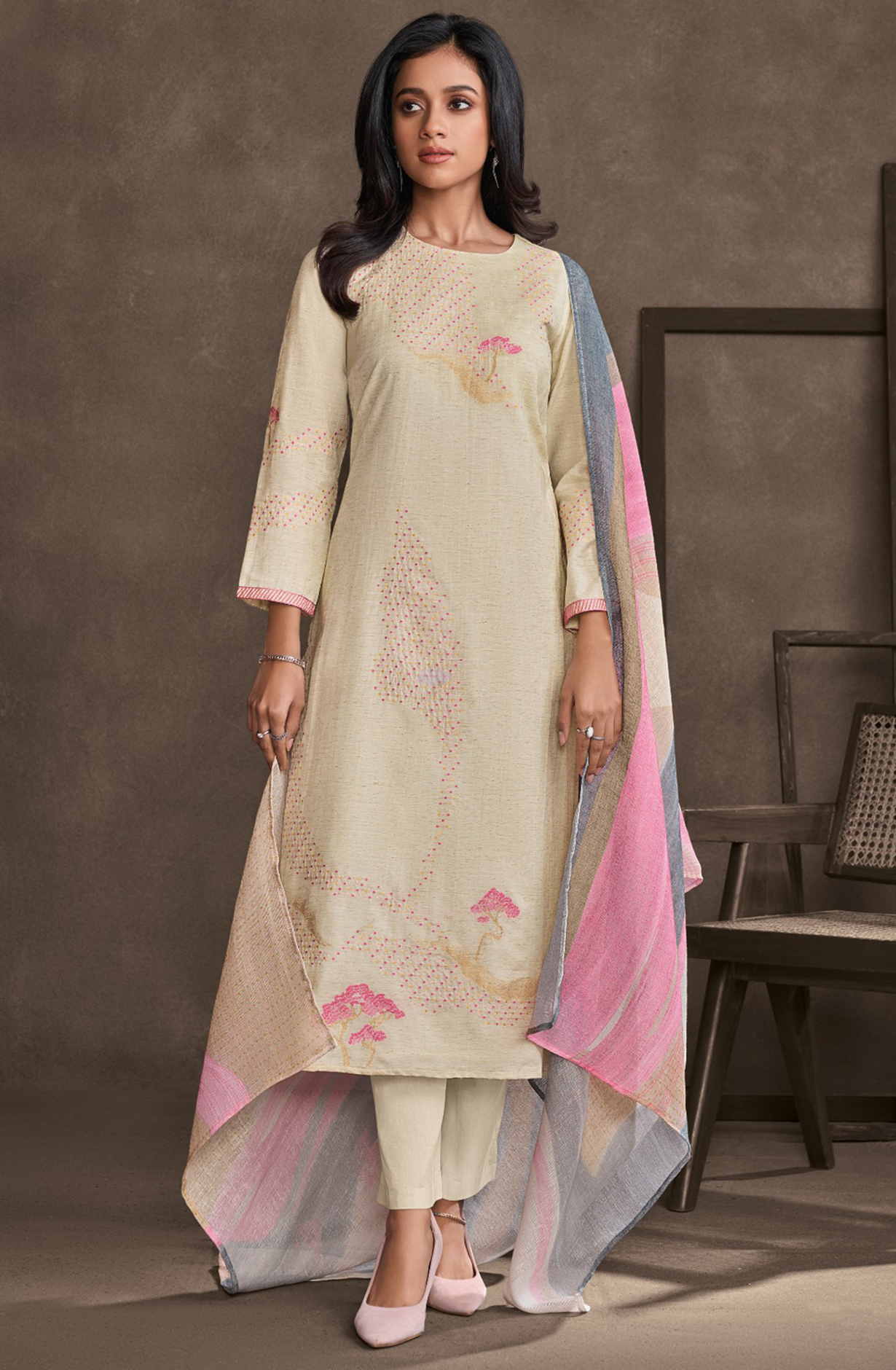 Pink Cotton Lawn Suit Set Linen Cotton Digital Printed With Embroidery Sleeve Work - RIZ7411B