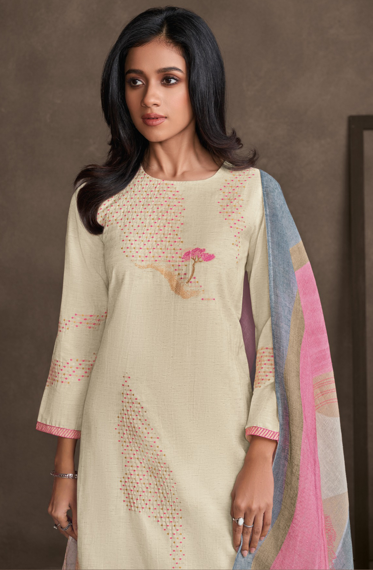Pink Cotton Lawn Suit Set Linen Cotton Digital Printed With Embroidery Sleeve Work - RIZ7411B