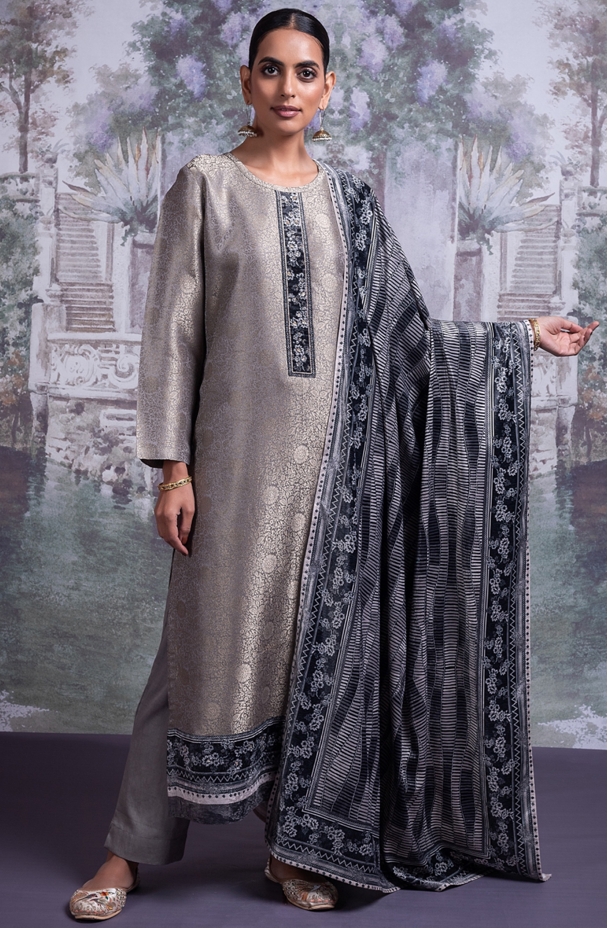 Grey Pure Silk  Suit with Velvet Digital Printed Dupatta- ROO2330A
