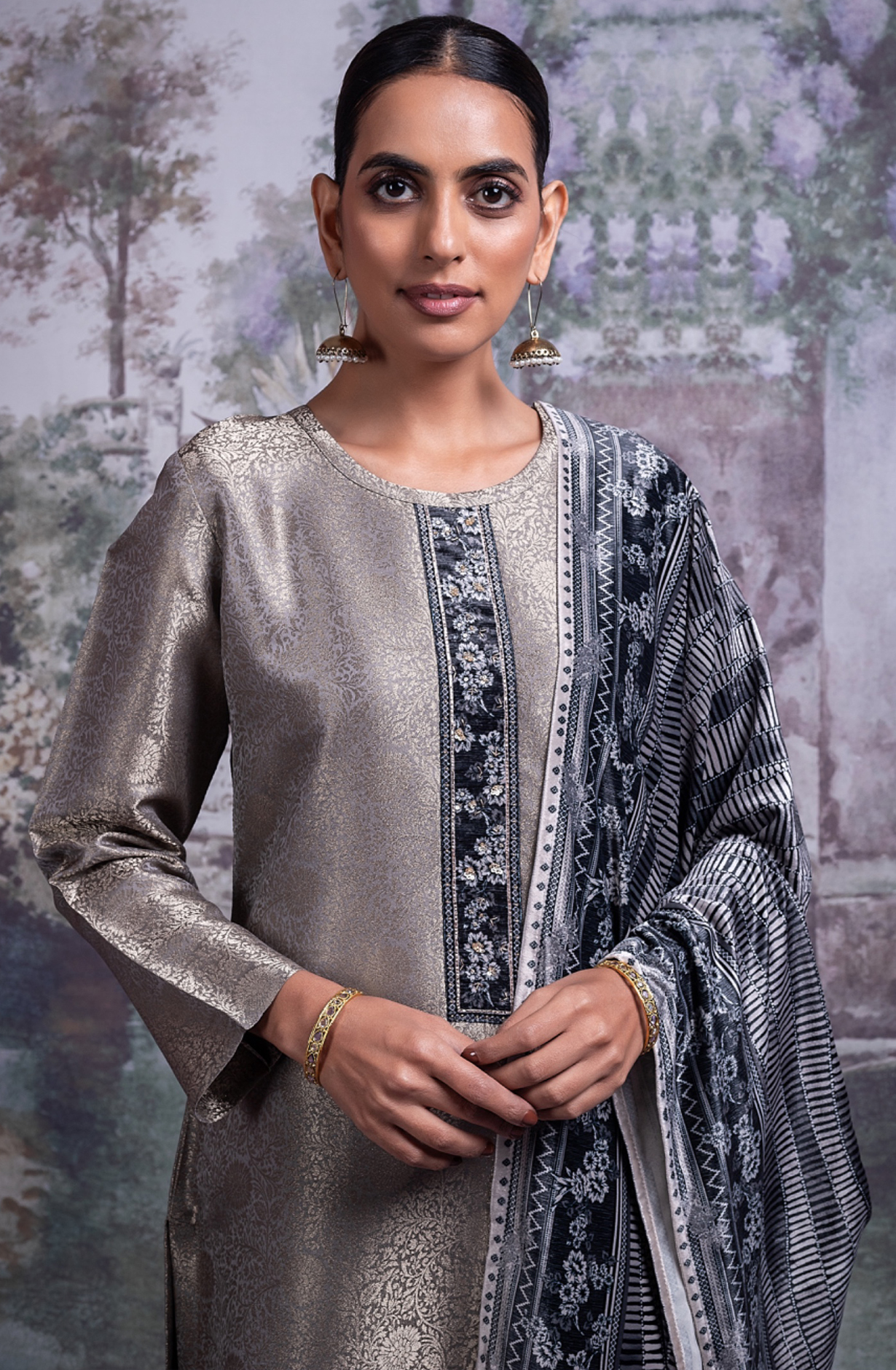 Grey Pure Silk  Suit with Velvet Digital Printed Dupatta- ROO2330A