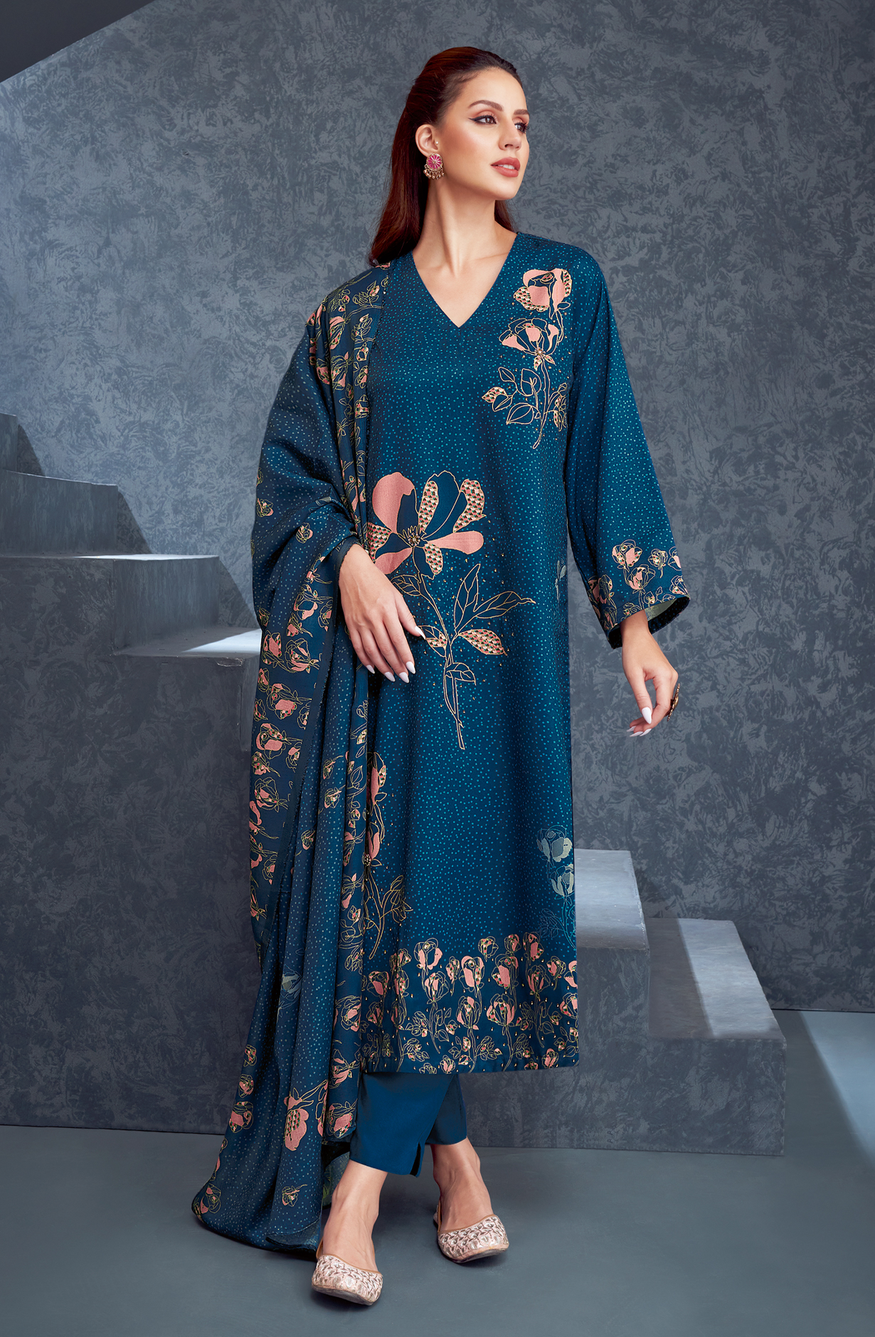 Spun Teal Blue Unstitched Salwar Kameez - ROS628